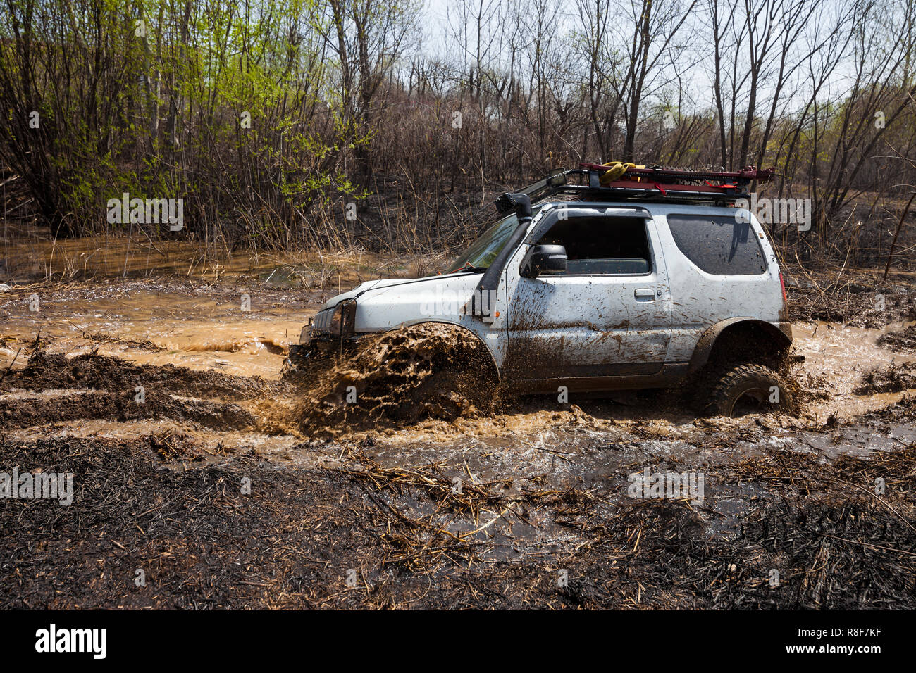 Suzuki Jimny Kreuzung wasser Hindernis im Frühjahr Wald Stockfoto