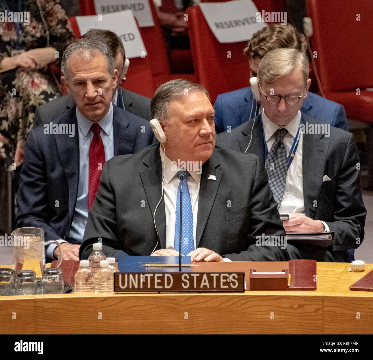 Us-Staatssekretär Mike Pompeo während der Sitzung des UN-Sicherheitsrates zu Iran bei den Vereinten Nationen am 12. Dezember 2018 in New York City. Stockfoto