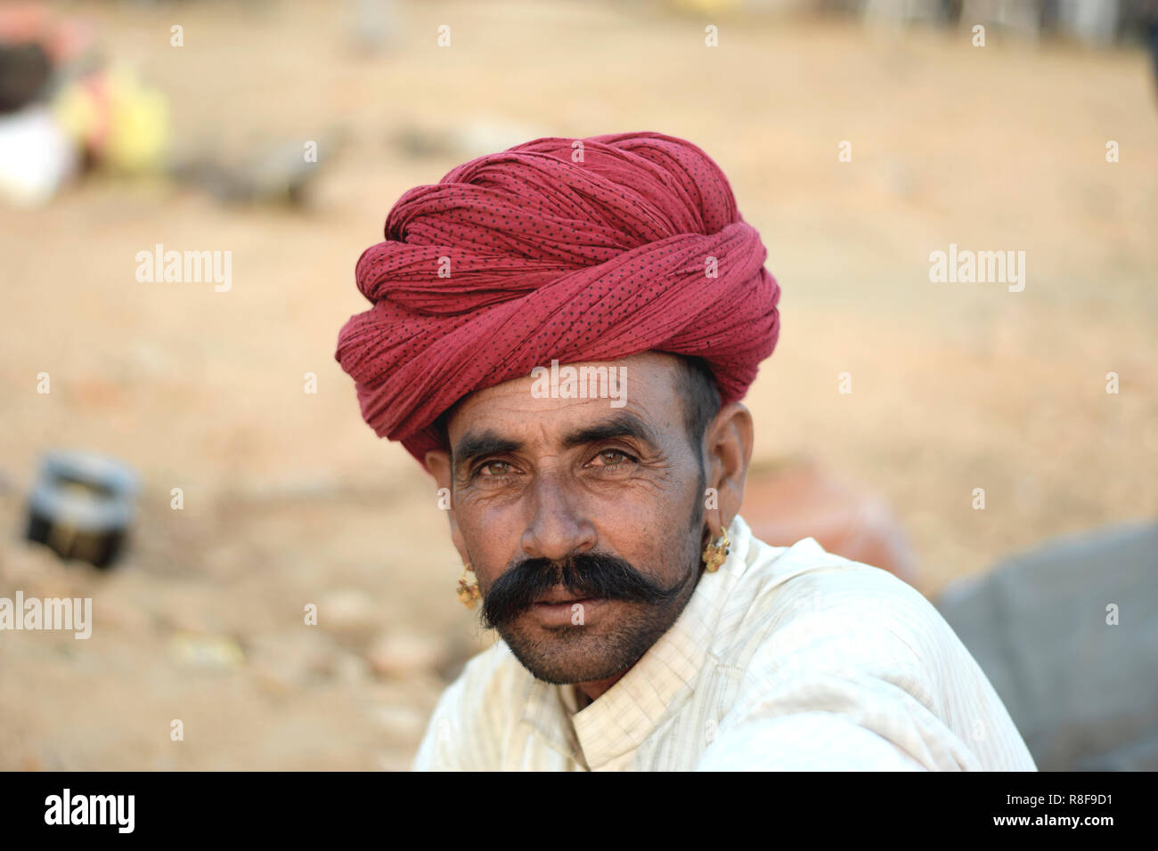 Portrait der Rajasthani Schnurrbart Mann, Puskar, Rajasthan. Stockfoto