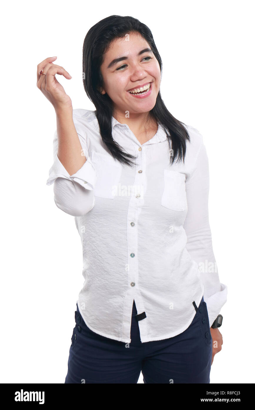 Foto Bild Portrait einer schönen netten jungen asiatischen Geschäftsfrau sah sehr aufgeregt und glücklich lachend mit einer Hand angehoben, auf der Suche auf der Seite Stockfoto