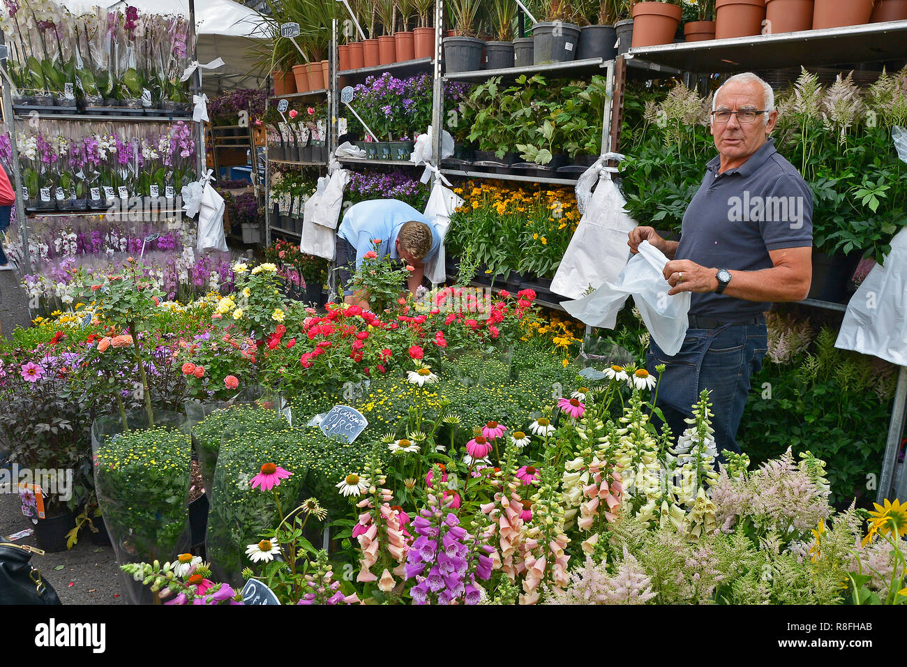 Sonntag, Blumenmarkt, Columbia Road, Bethnal Green, Tower Hamlets, East London. AUGUST 2018. Die bunten Sonntag morgen Straße Blumenmarkt Stockfoto
