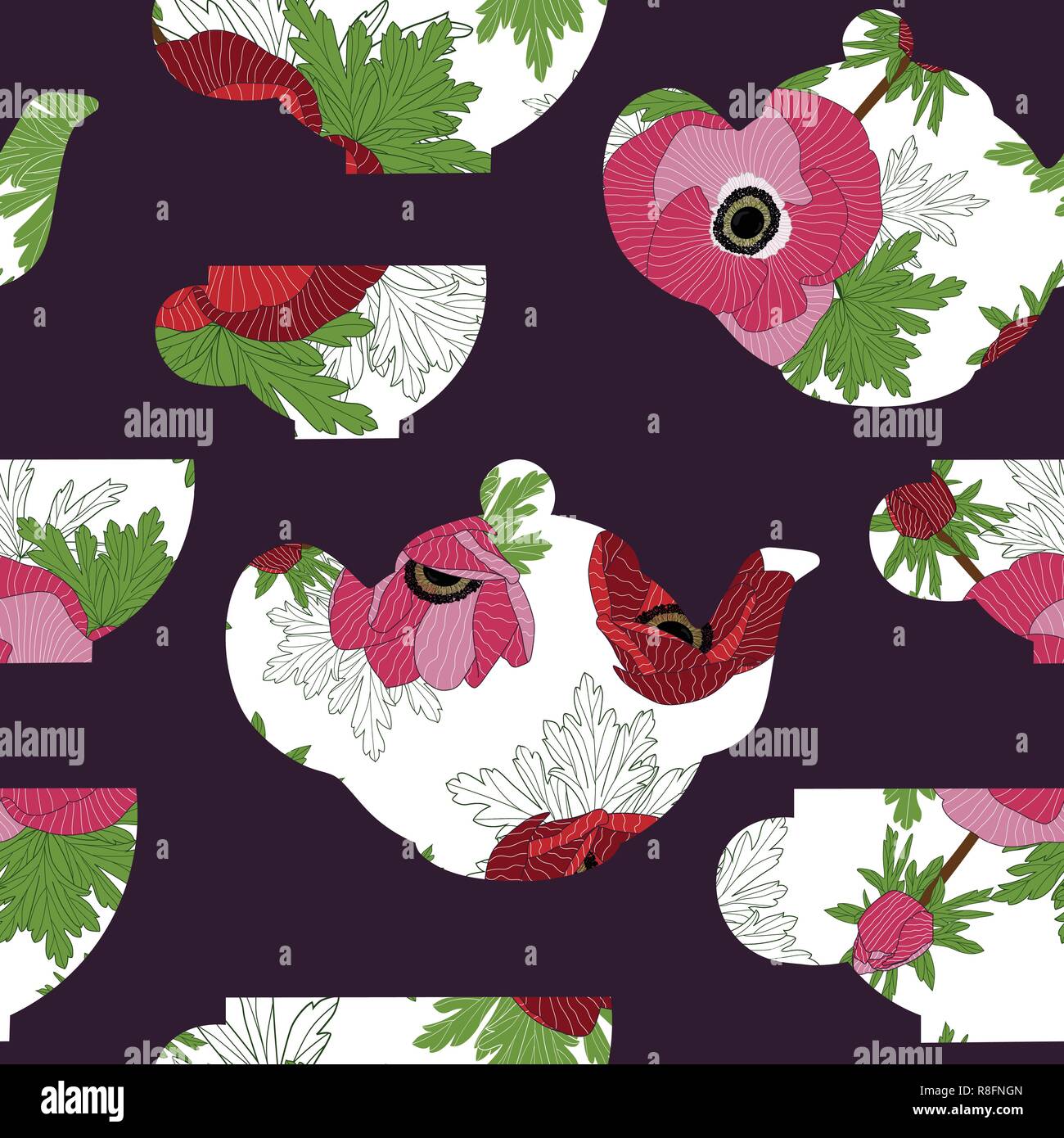 Teekannen, Teetassen mit Anemonen auf dunklen violetten Hintergrund. Vektor nahtlose Muster. Stock Vektor
