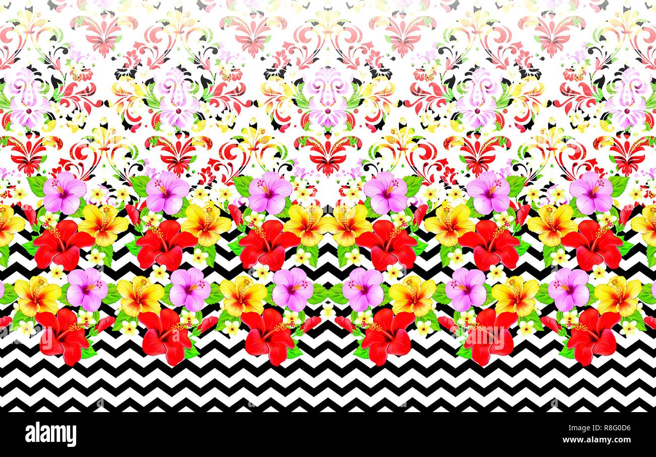 Nahtlose rot und rosa flowes in Illustration, floralen Nahtlose mit Zickzack backround, isolierte flowes und Zickzack Stockfoto