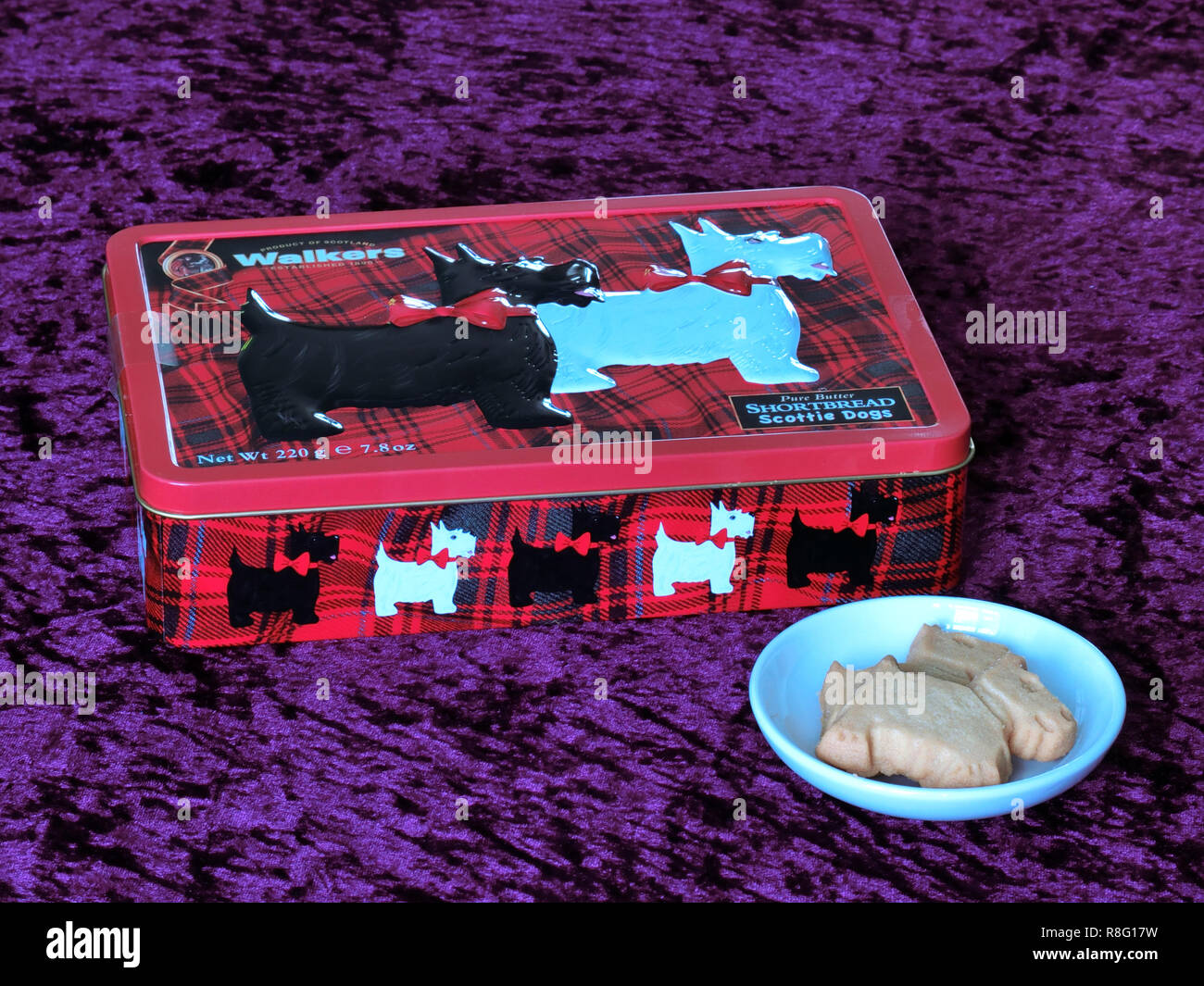 Zinn der Wanderer Scottish Shortbread Scottie Hunde Kekse, Großbritannien Stockfoto
