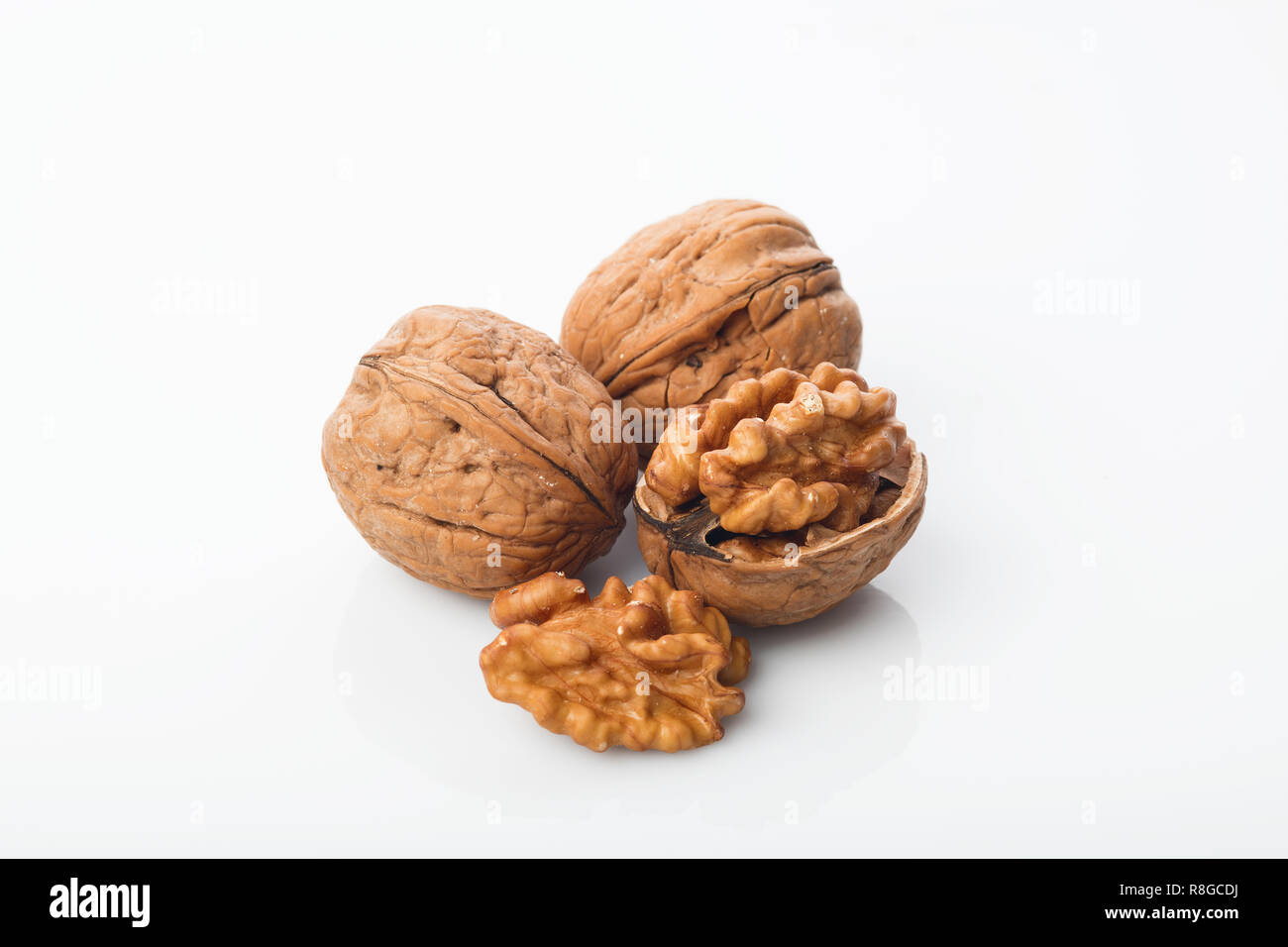 Essen: Nahaufnahme von Nussbaum isoliert auf weißem Hintergrund Schuß im Studio Stockfoto