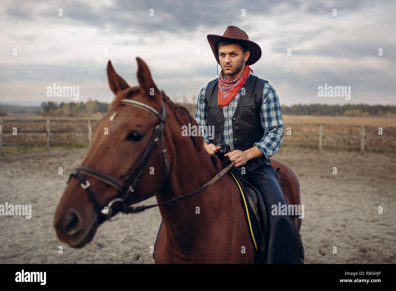 Cowboy in Leder kleidung ein Pferd Reiten auf dem Bauernhof, Western.  Vintage männliche Person auf dem Pferd, die amerikanische Kultur  Stockfotografie - Alamy