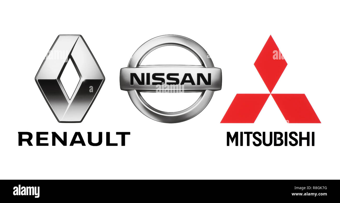 Kiew, Ukraine - Oktober 22, 2018: Logos der Automobilhersteller Allianz: Renault, Nissan, Mitsubishi, auf weissem Papier gedruckt Stockfoto