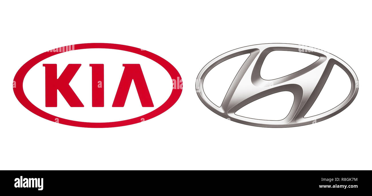 Kiew, Ukraine - November 07, 2018: Logos der Automobilhersteller Allianz: Kia und Hyundai, auf weissem Papier gedruckt Stockfoto