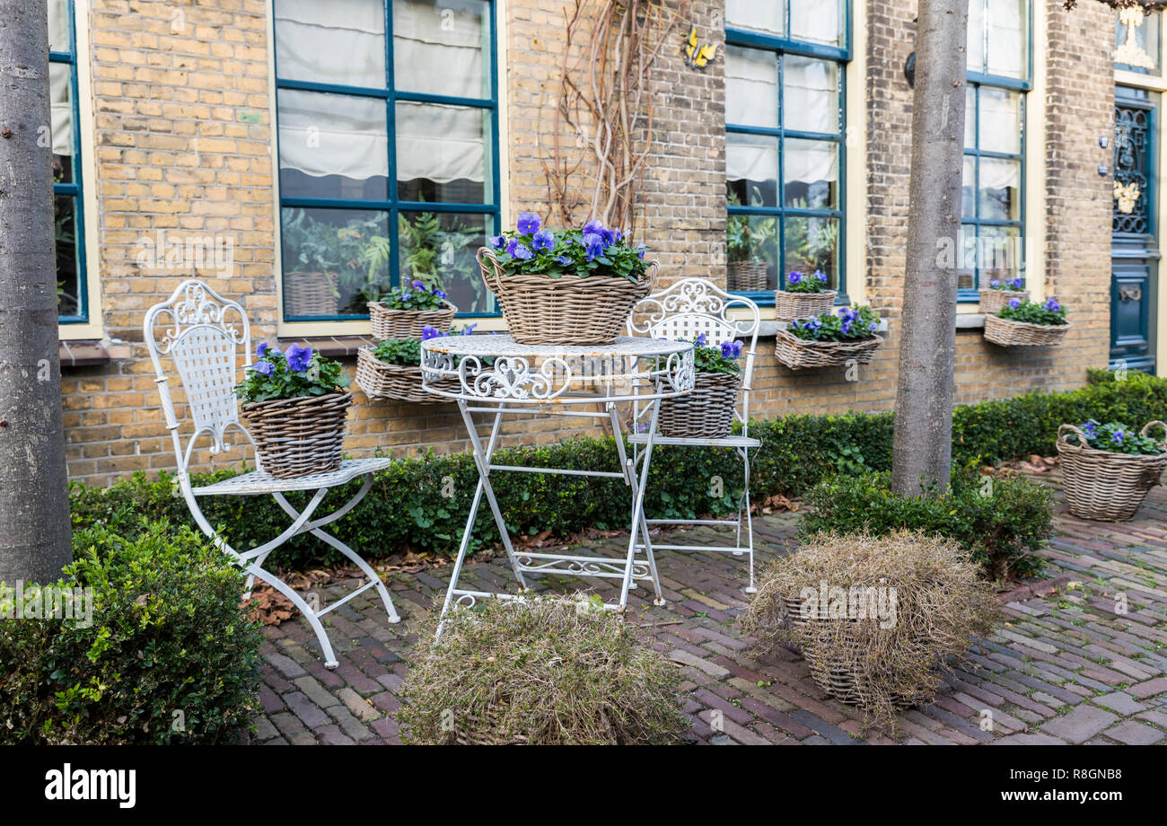 Zwei alte weiße Metall Stühle mit Tisch und Veilchen wie Blumen in einem Vorgarten in den Niederlanden Stockfoto