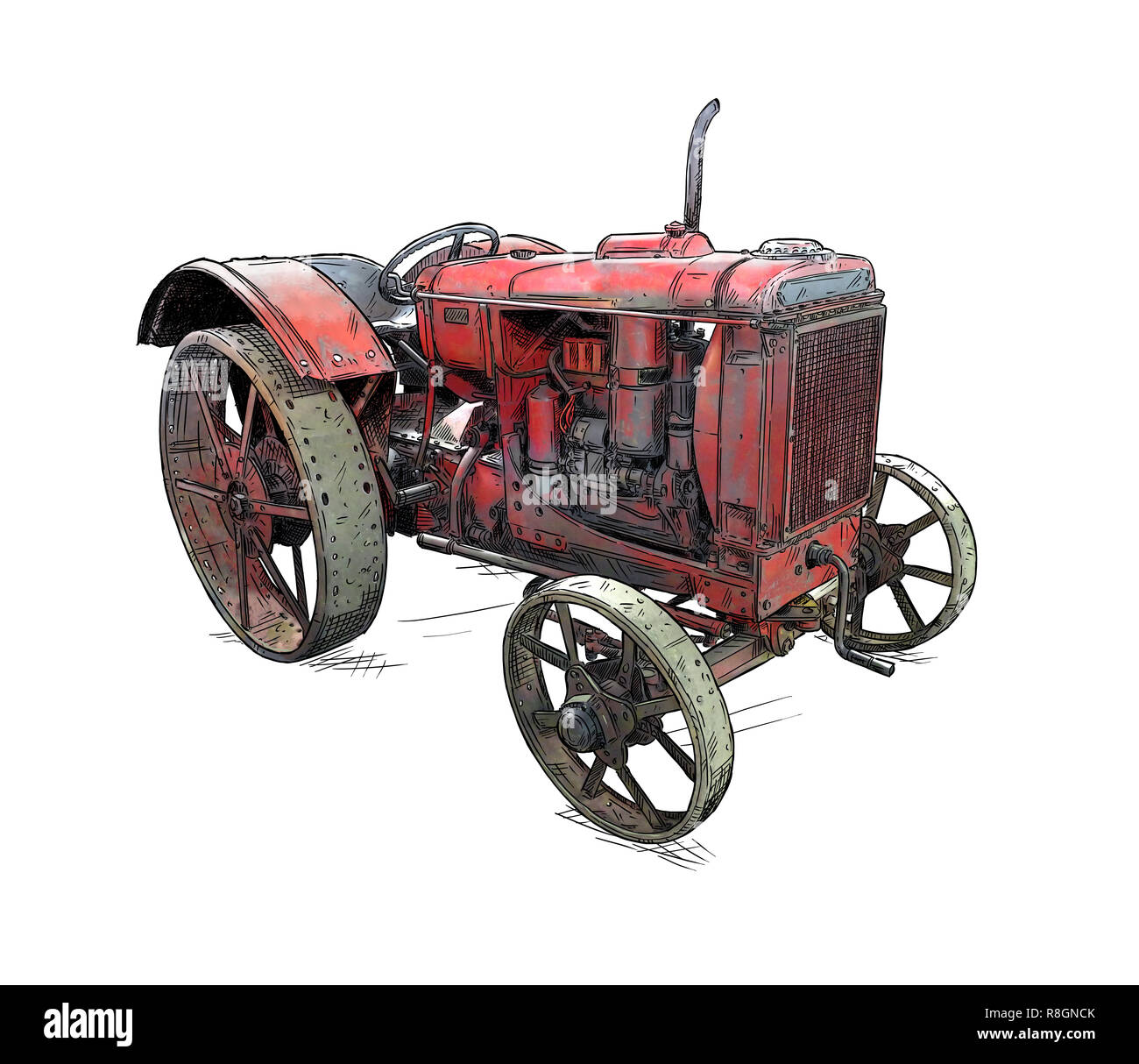 Cartoon oder Comic Stil Abbildung: Alte oder Vintage Rot Traktor Stockfoto