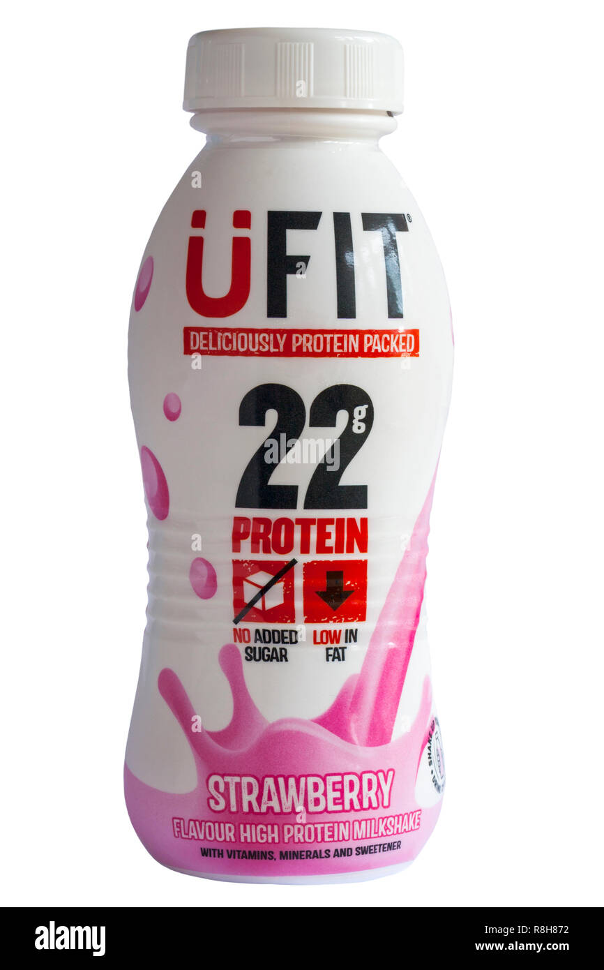 Flasche uFIT lecker Protein verpackt Erdbeeraroma proteinreiche Milchshake mit Vitaminen, Mineralien und Süßstoff auf weißem Hintergrund Stockfoto
