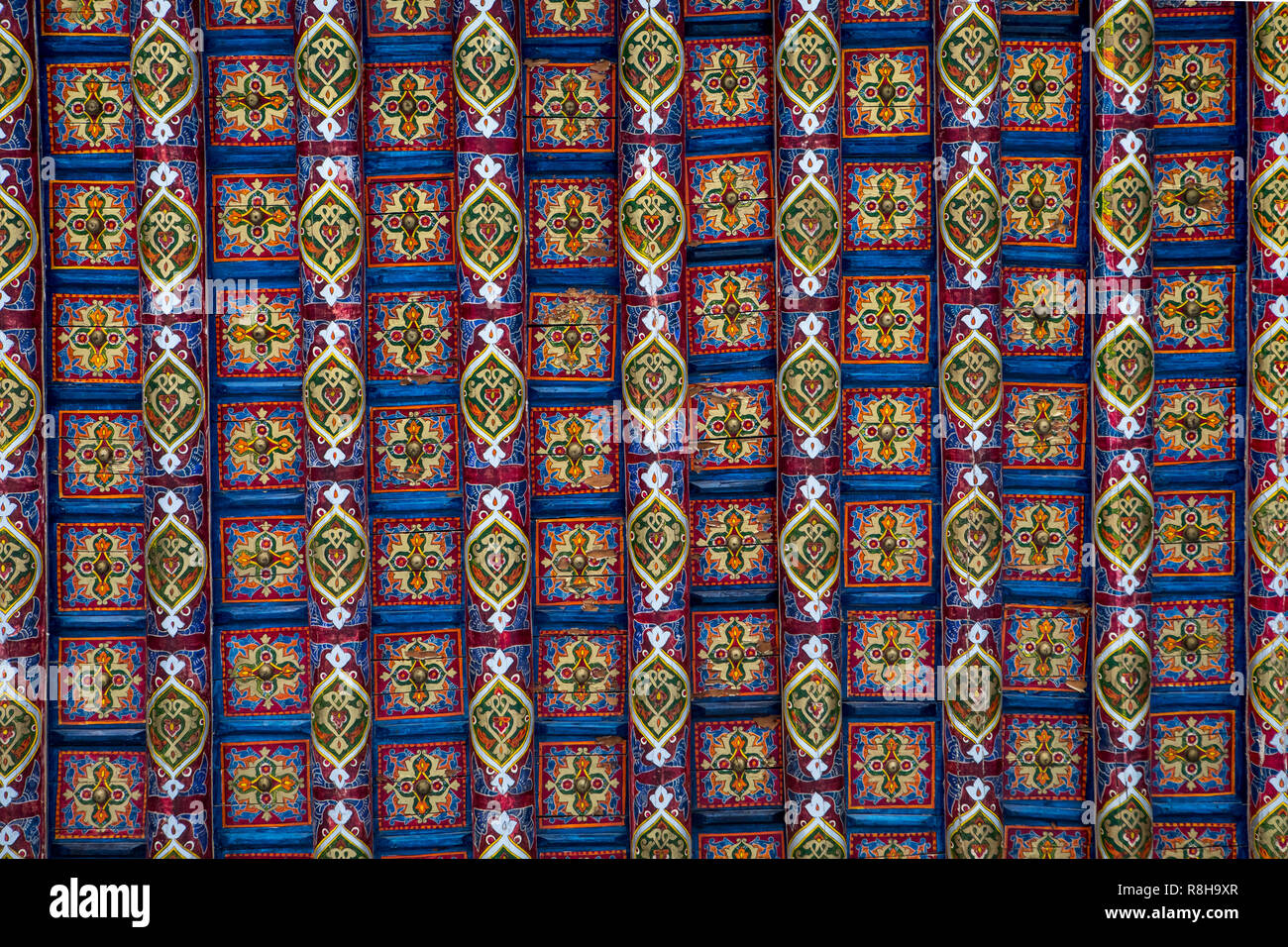 Detail der Holzdecke, im Sommer Moschee, innen Kuhna Ark, Chiwa, Usbekistan Stockfoto