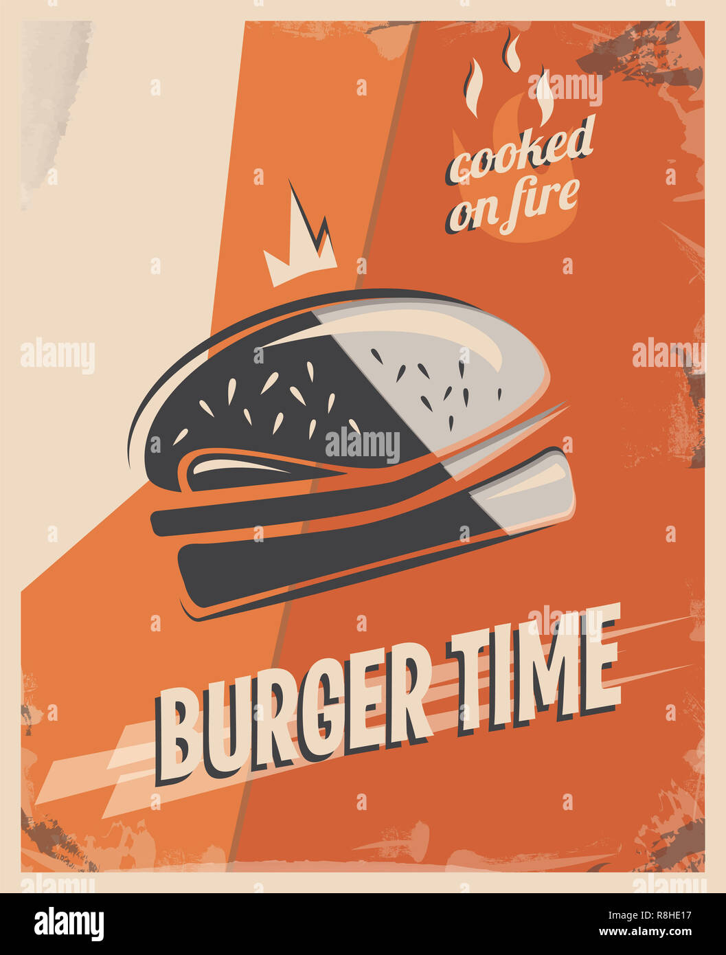 Retro Poster mit Burger mit Rindfleisch. Restaurant Konzept und Design. Vintage Style Hintergrund. Abbildung. Stockfoto