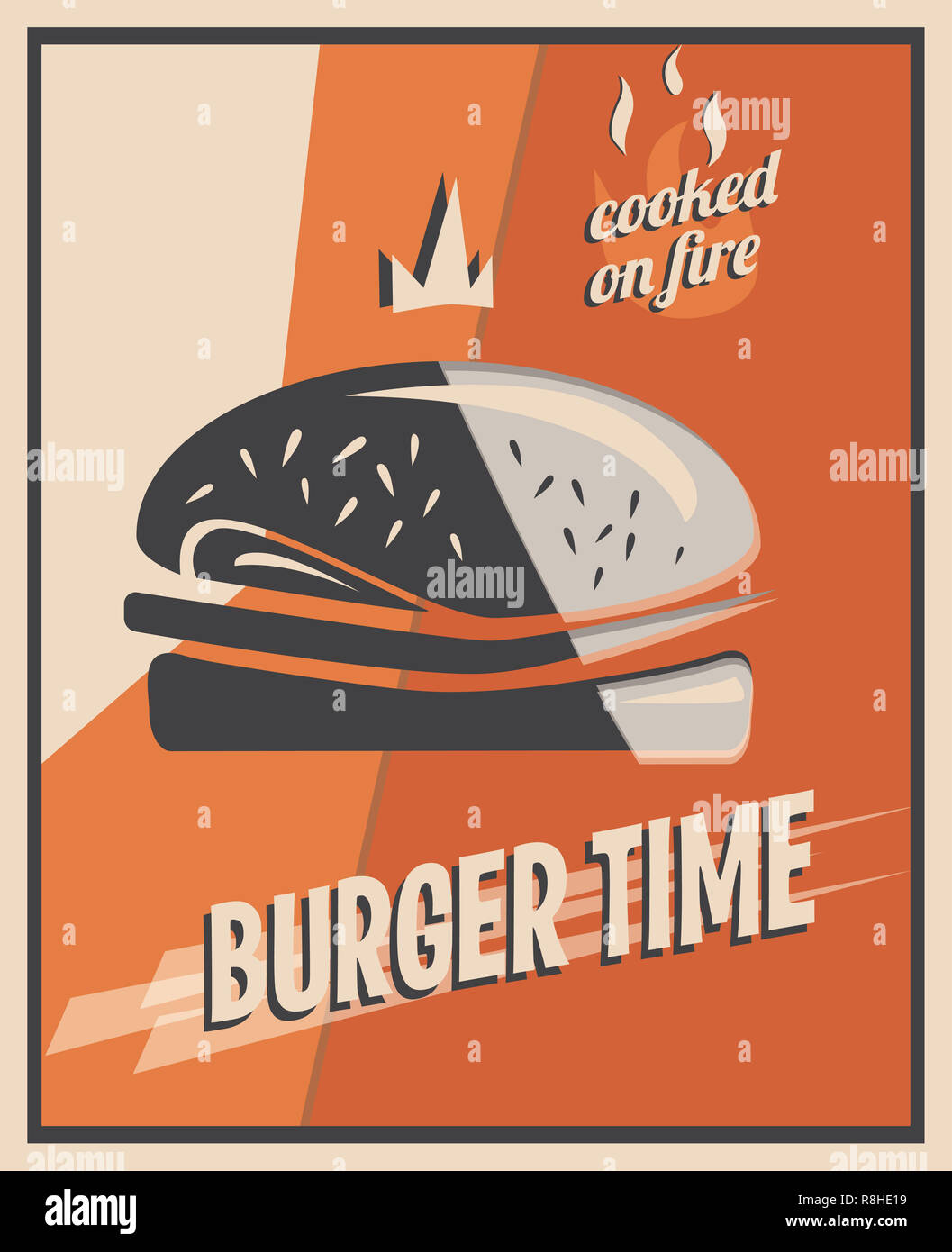 Retro Poster mit Burger mit Rindfleisch. Restaurant Konzept und Design. Vintage Style Hintergrund. Abbildung. Stockfoto