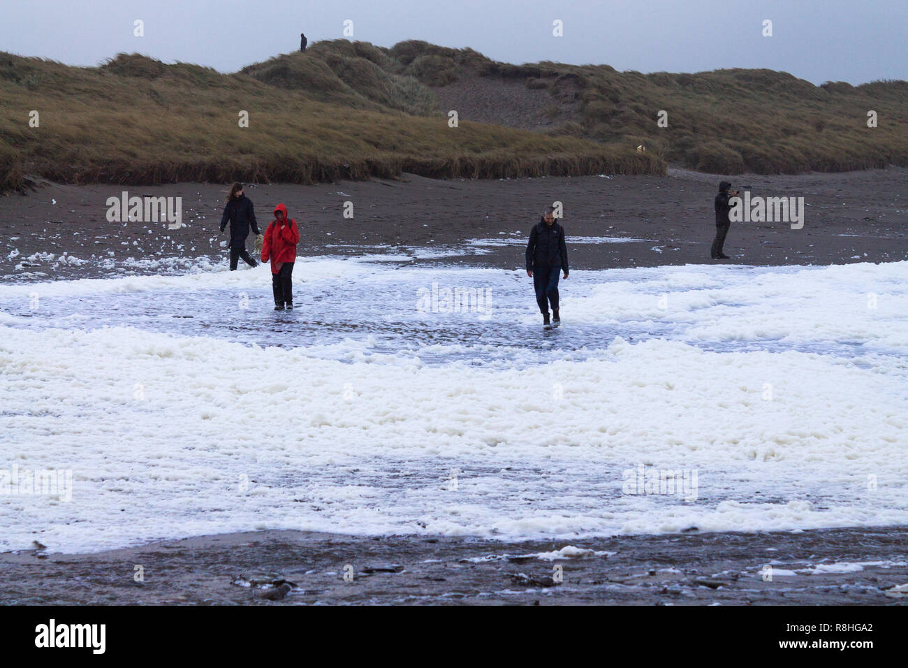 Rote Litze, Rosscarbery, West Cork, Irland, 15. Dezember 2018. Sturm Deirdre gab Strand Spaziergänger eine Decke von Luftblasen und Schaum durch zu gehen, peitschte der Welle tops durch die starken Winde, mit Böen bis zu 100 km/h. Credit: aphperspective/Alamy leben Nachrichten Stockfoto