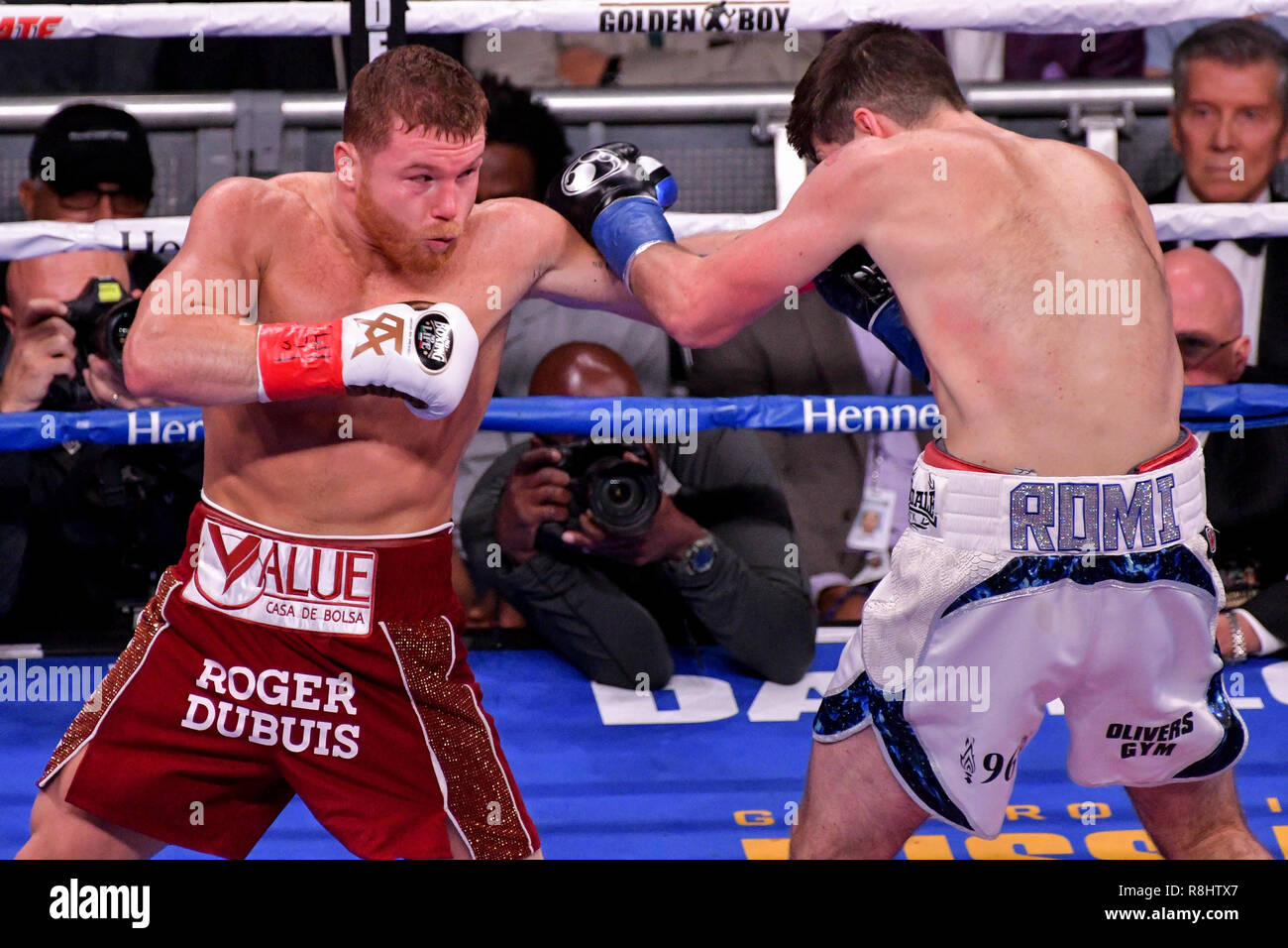 New York, New York, USA. 15 Dez, 2018. CANELO ALVAREZ (rot Amtsleitungen) und ROCKY FIELDING Schlacht in einer WBA (Regelmäßig) Supermittelgewicht Titelzeitraum im Madison Square Garden in New York, New York. Quelle: Joel Plummer/ZUMA Draht/Alamy leben Nachrichten Stockfoto