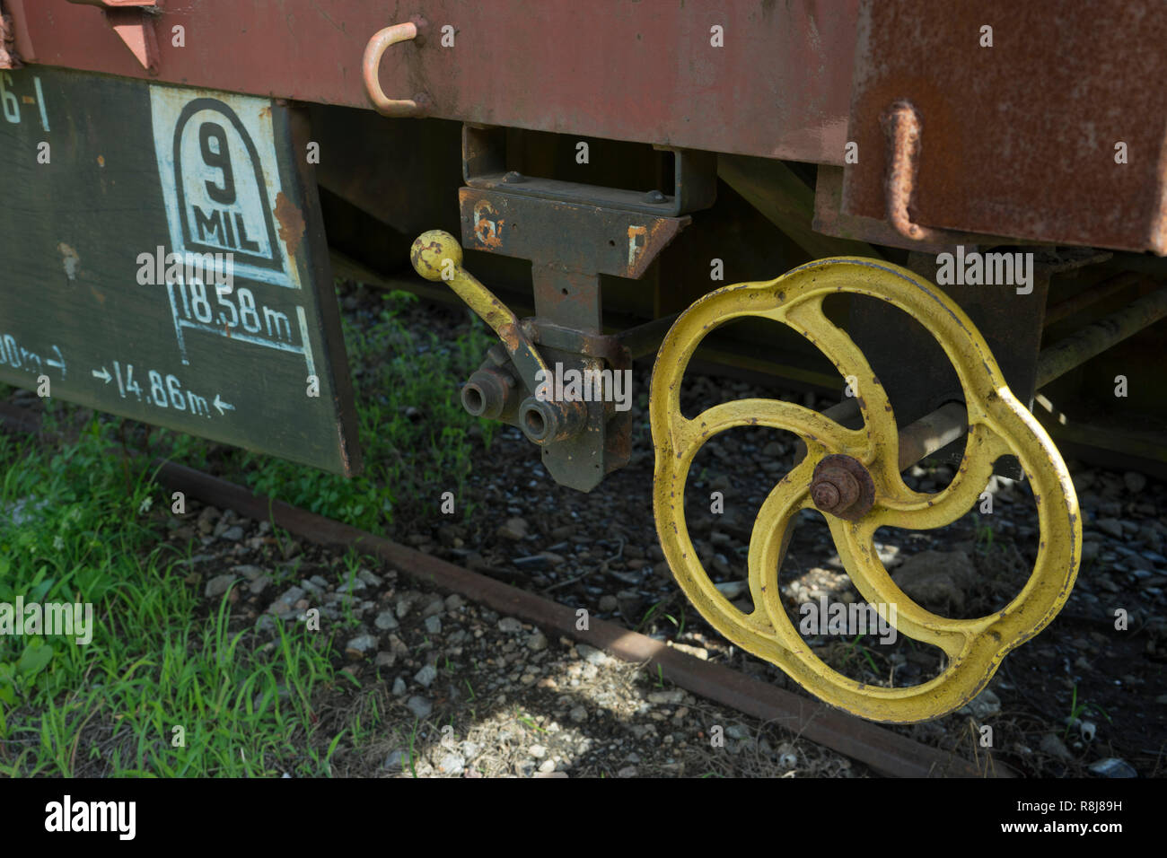 Stillgelegte Eisenbahn Reisebusse, Motoren und Lager in der ehemaligen Artigas Hauptbahnhof in Montevideo, Uruguay, Südamerika Stockfoto