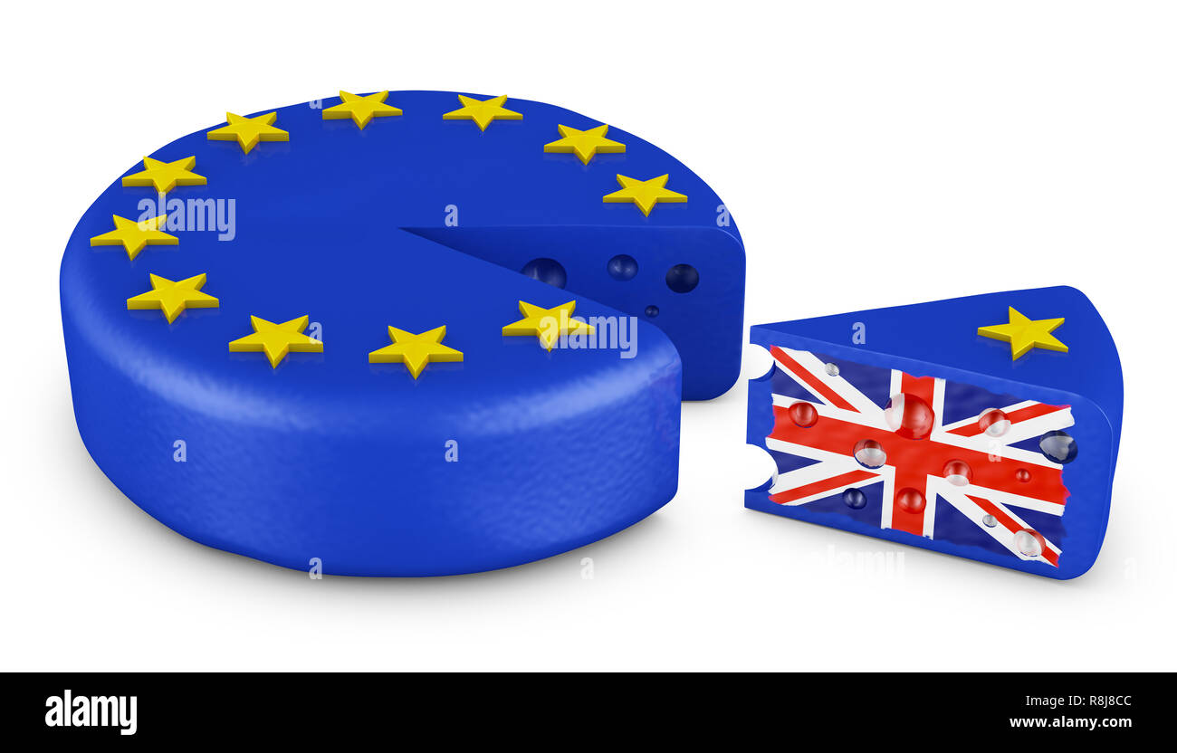 Leiter der Käse in Form der EU-Flagge und ein Stück mit der Flagge von Großbritannien. 3D-Render. Stockfoto