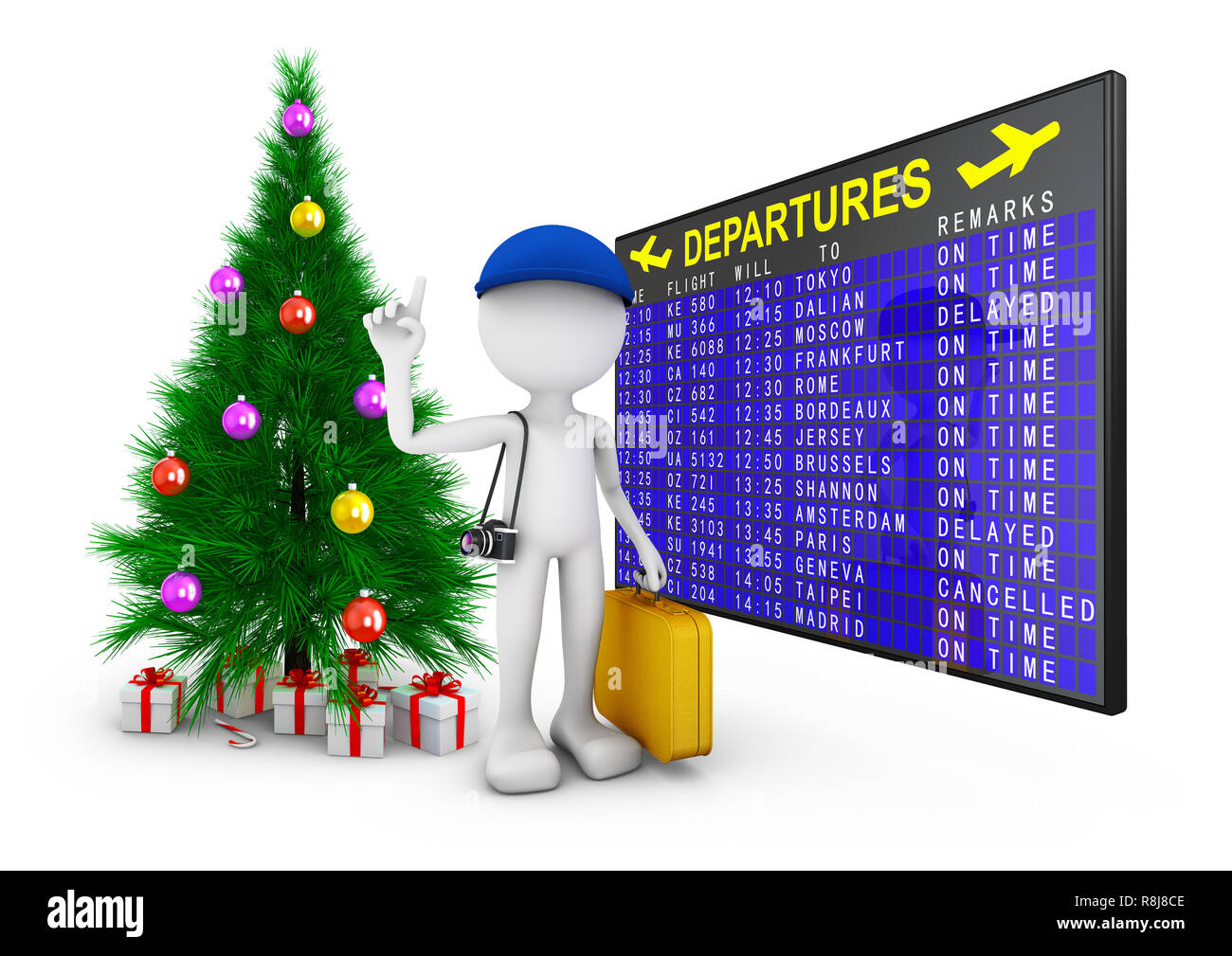 Mann mit einem Koffer und eine Kamera auf dem Hintergrund der Anzeigetafel und einen Weihnachtsbaum. 3D-Rendering Stockfoto