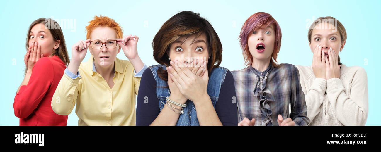 Horizontale Portrait von einigen weiblichen schließt die Hände über Mund in Schock durch das, was sie gehört haben. Stockfoto