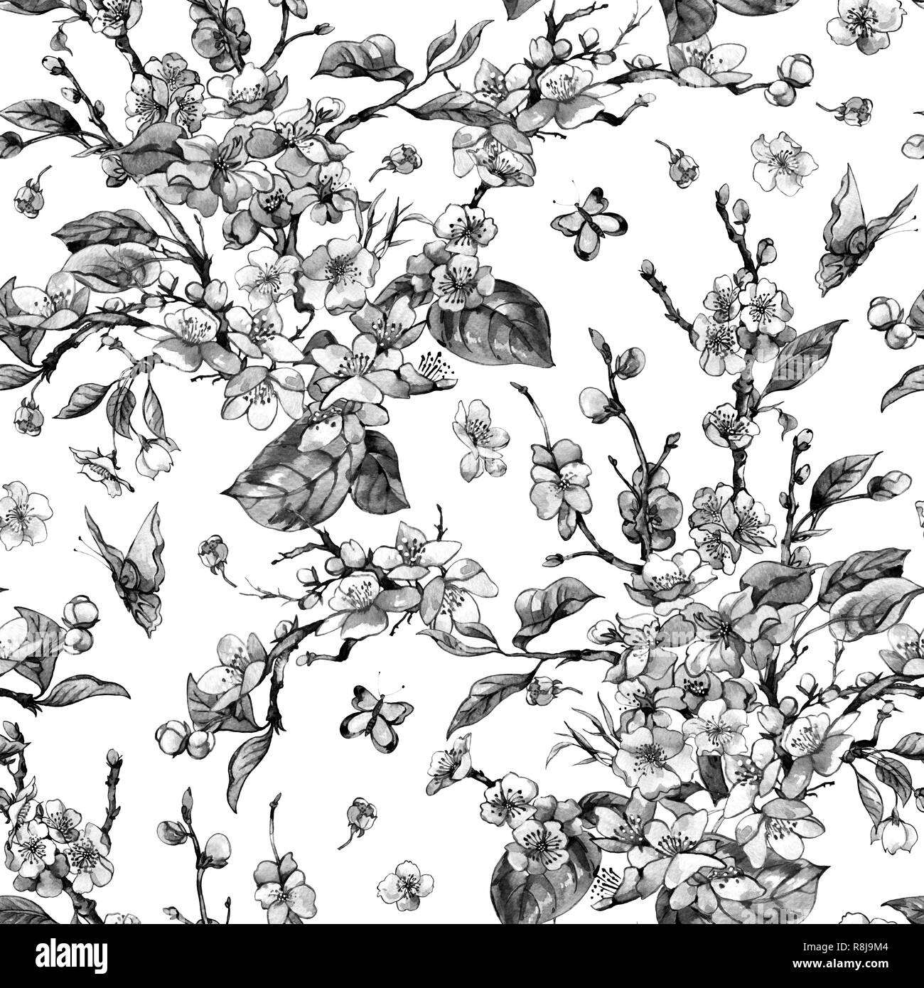 Aquarell schwarze und weiße Feder vintage floral nahtlose Muster mit blühenden Zweigen der Kirsche, Pfirsich, Birne, Sakura, Apfelbäume und Schmetterlinge, f Stockfoto