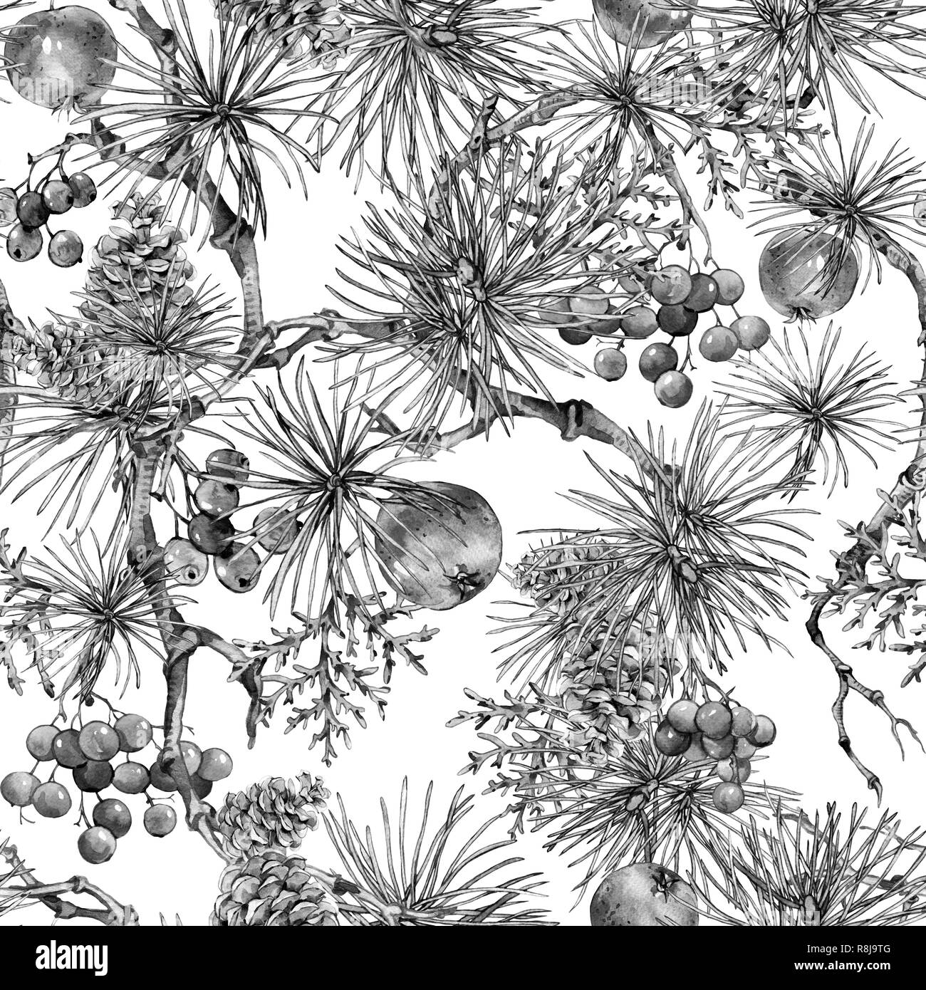 Weihnachten Schwarz und Weiß Vintage Floral nahtlose Muster, Neue Jahr Dekoration mit Äpfeln, Blätter, Kiefer Zweige, Beeren, Holly, Tannen Zapfen. Botanica Stockfoto