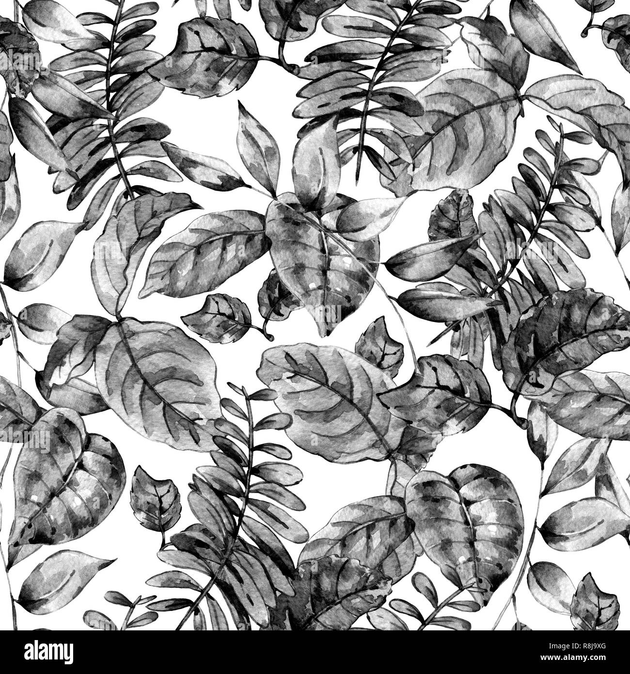Aquarell Schwarz und Weiß nahtlose exotische Muster mit tropischen Blättern, botanischen Abbildung auf weißem Hintergrund Stockfoto