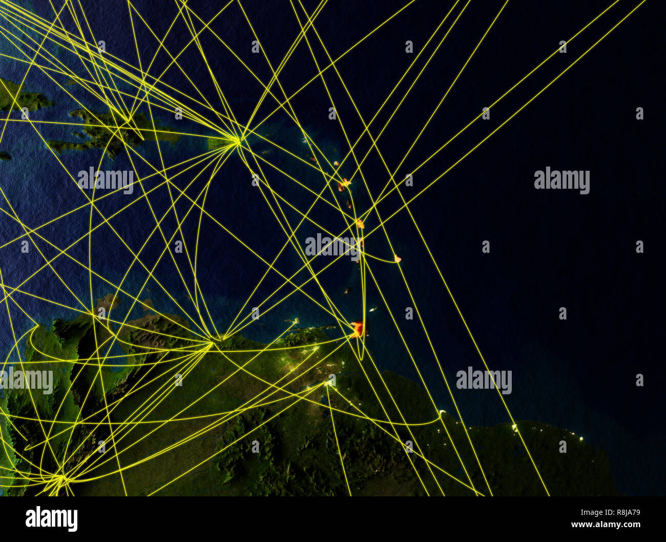 Karibik von Speicherplatz auf dem Modell des Planeten Erde mit Netzwerken. Detaillierte Planeten Oberfläche mit den Lichtern der Stadt. 3D-Darstellung. Elemente dieses Bild liefern Stockfoto