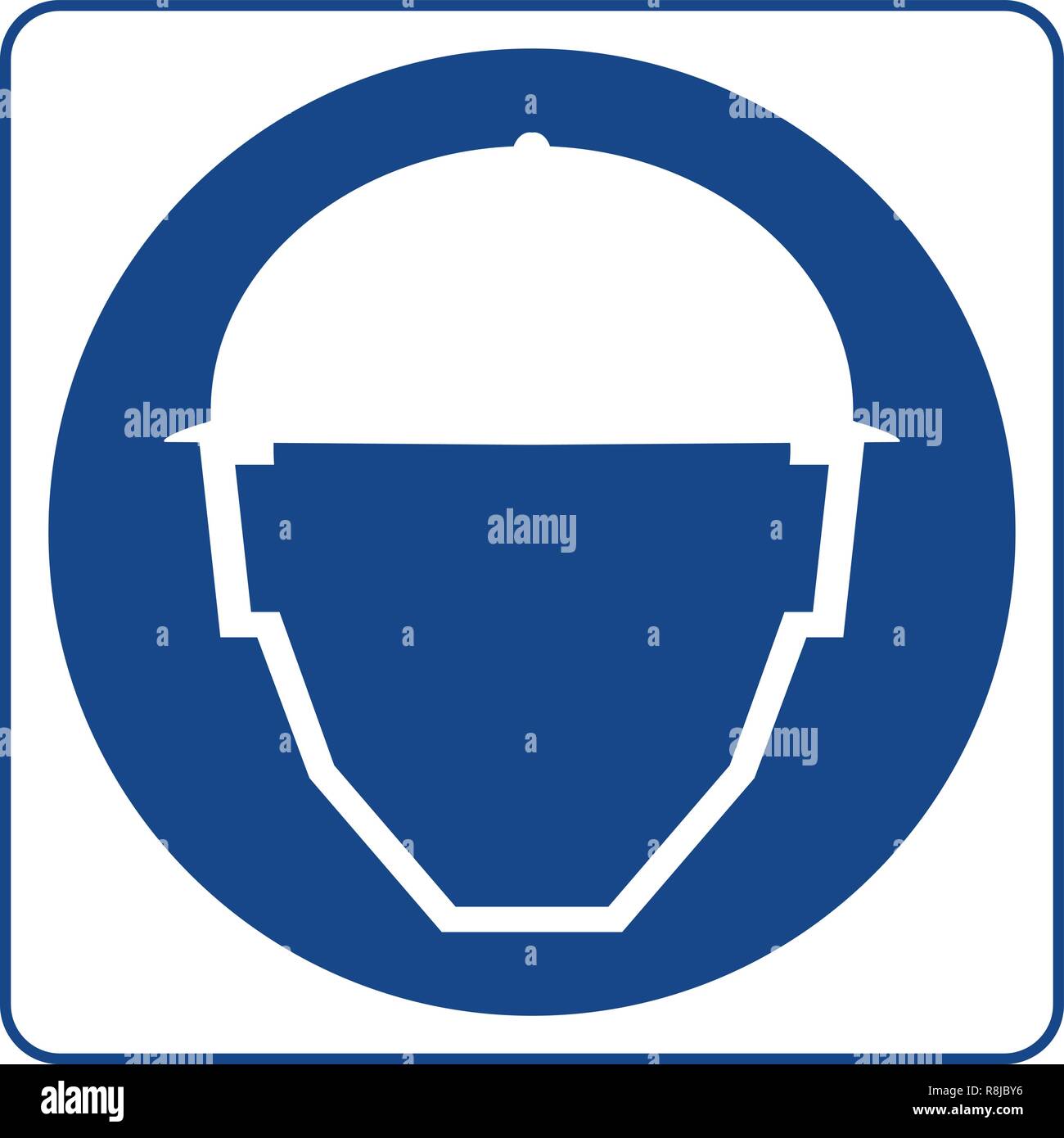 Sicherheit anmelden. Informationen obligatorische Symbol in blauer Kreis auf weißem isoliert. Bekanntmachung label. Dies ist ein Schutzhelm Bereich Schutzhelme getragen werden muss. Stock Vektor