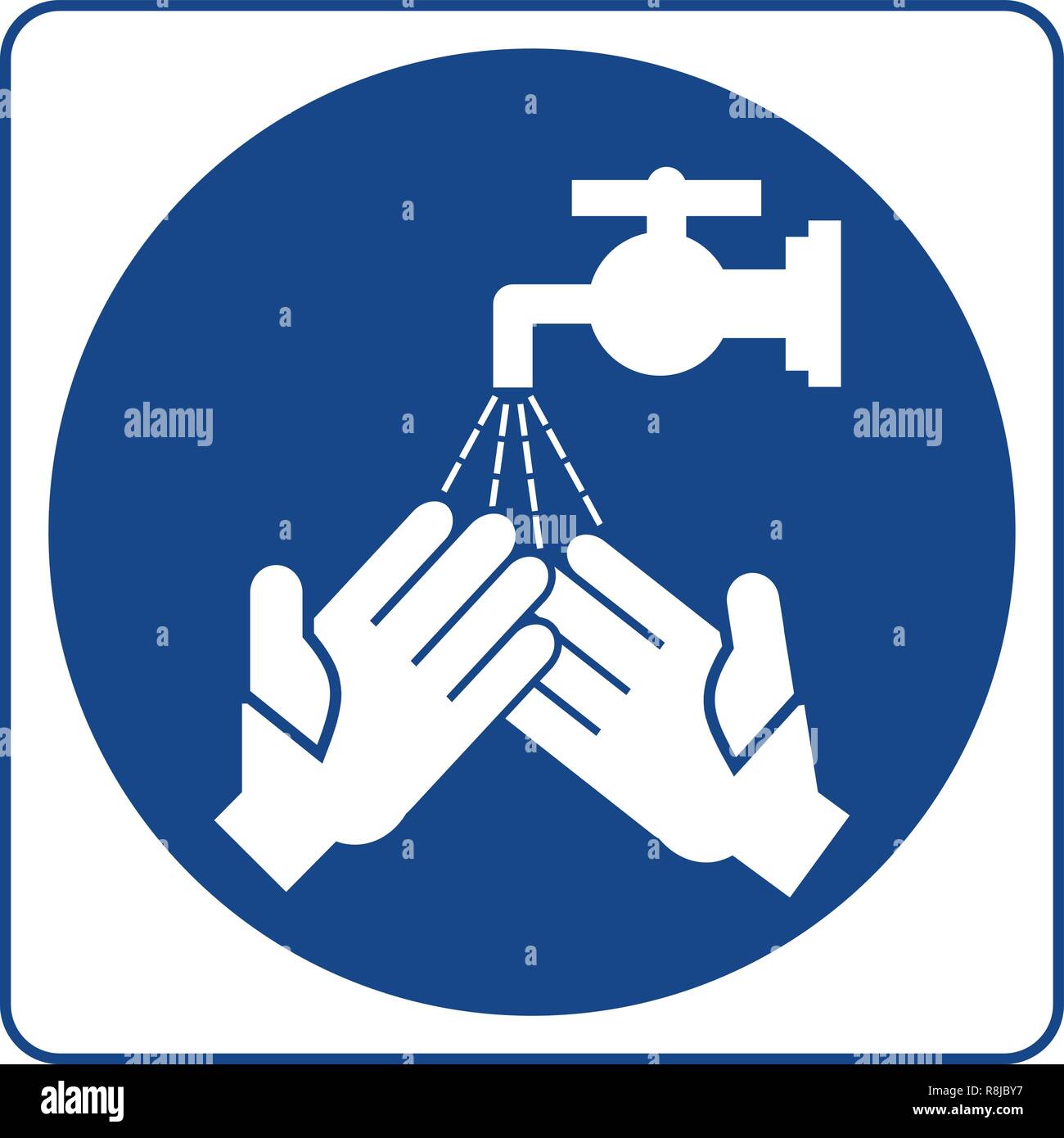 Sicherheit anmelden. Informationen obligatorische Symbol in blauer Kreis auf weißem isoliert. Die Hände müssen vor der Rückkehr an den Arbeitsplatz gewaschen werden. Stock Vektor