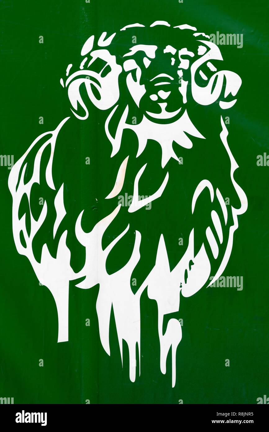 Dänemark, Färöer Inseln, Insel Bordoy, Klaksvik, Logo der Foroya Bjor einen Färöischen Brewing Company Stockfoto