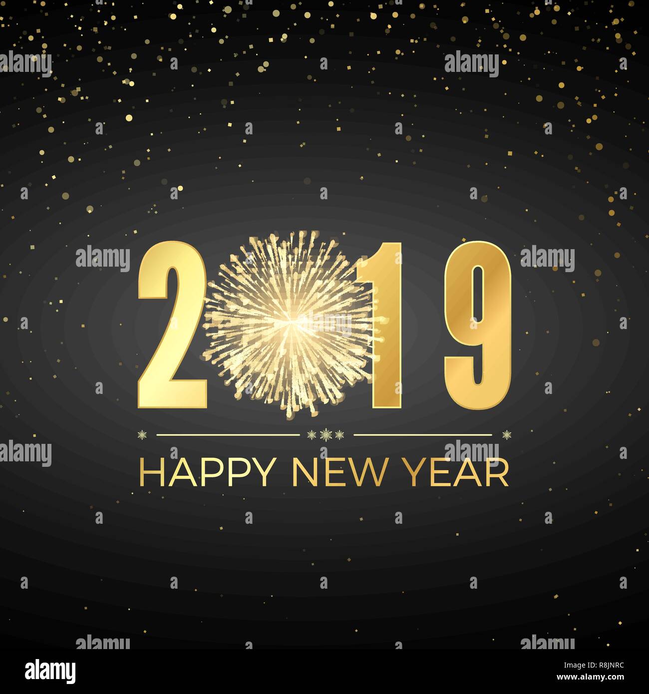 Frohes Neues Jahr 2019. Grußkarte text Design. Neue Jahre Fahne mit goldenen Zahlen und Feuerwerk. Vector Illustration Stock Vektor
