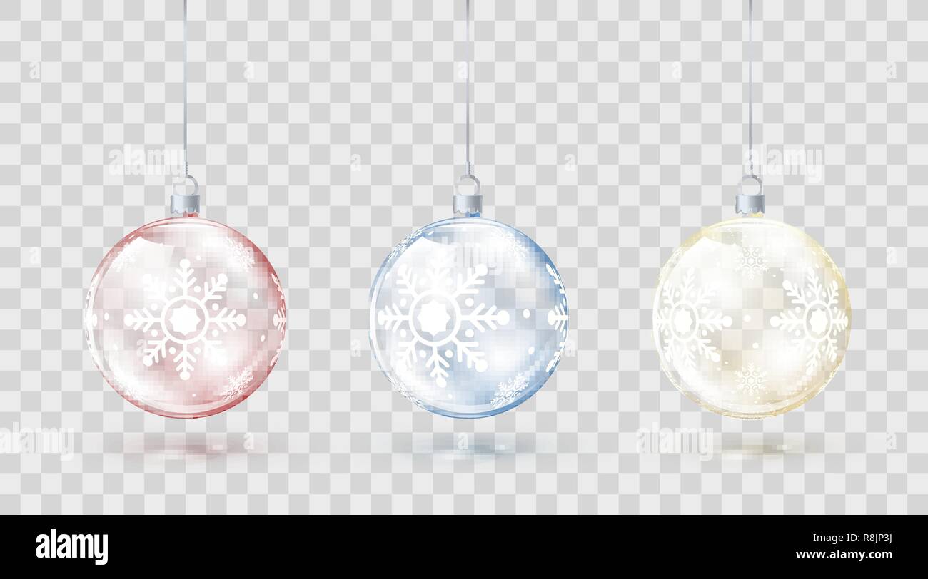 Vorlage von Glas transparent Weihnachten Kugeln. Element Weihnachtsschmuck. Glänzend farbenfrohen Spielzeuge mit goldenen rot und blau leuchten. Vector Illustration i Stock Vektor