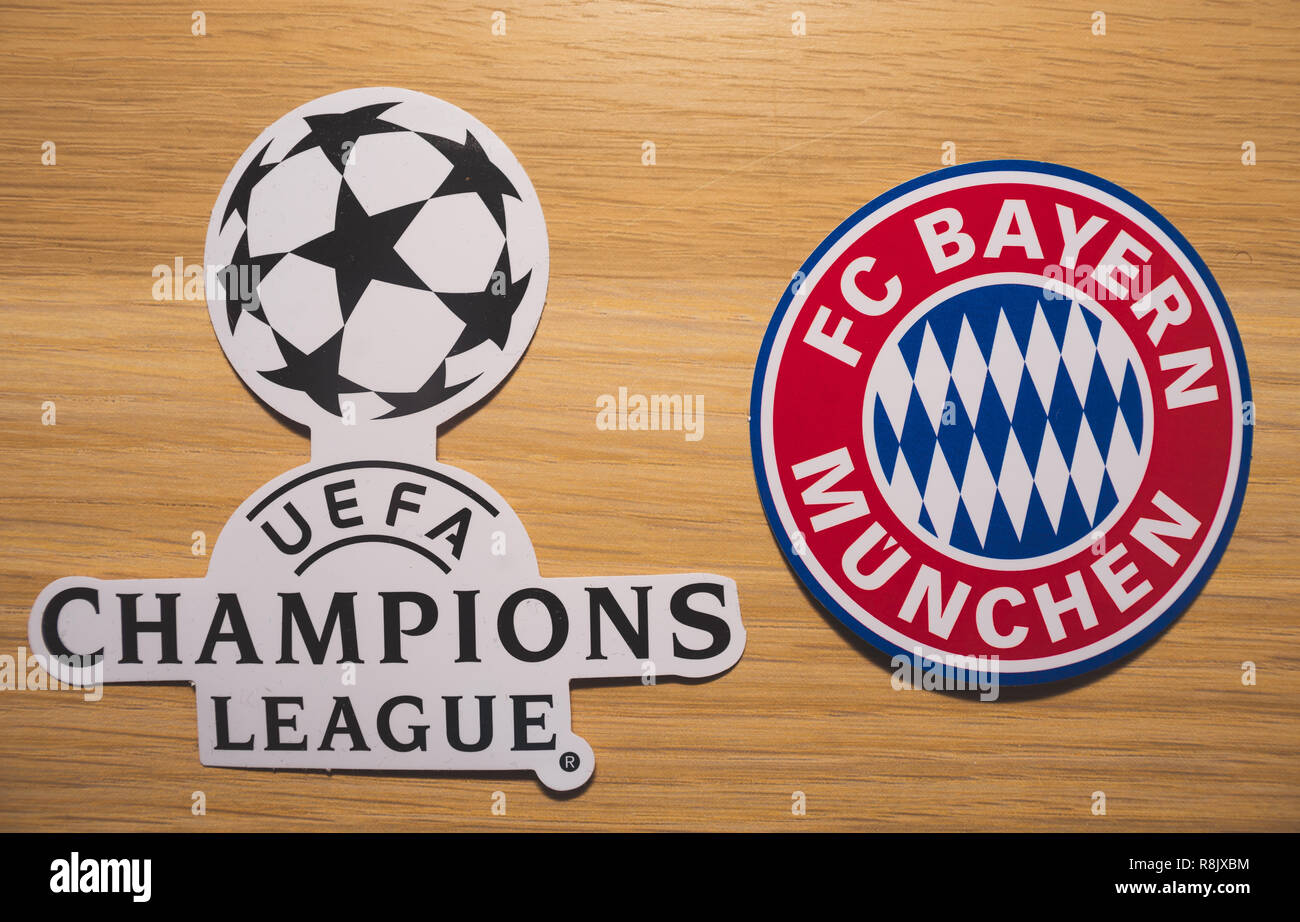 15. Dezember 2018. Nyon Schweiz. Das Logo des Fußballclubs FC Bayern München  und die UEFA Champions League Stockfotografie - Alamy