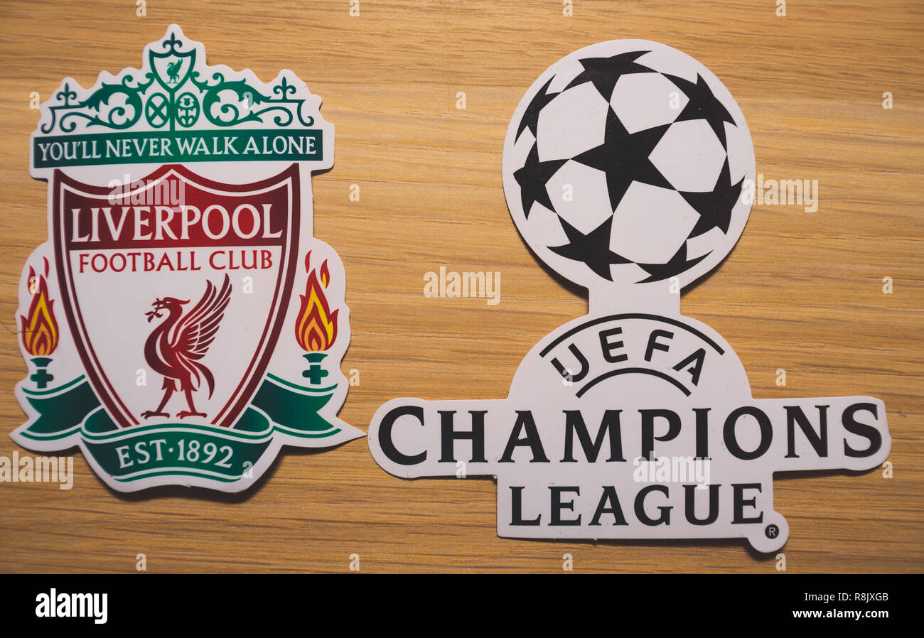 15. Dezember 2018. Nyon Schweiz. Das Logo des Fußballclubs Liverpool F.C. und die UEFA Champions League. Stockfoto