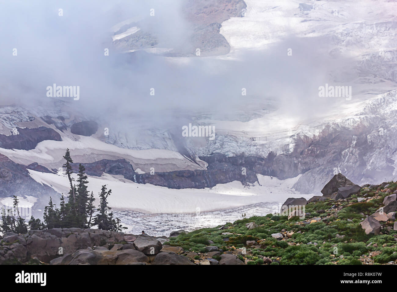 Bäume vor der schneebedeckten Berge mit Wolken Stockfoto
