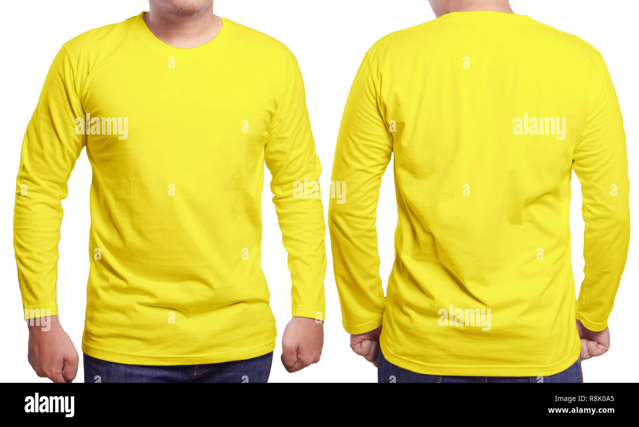 Gelb langarm t-shirt Mock up, Vorder- und Rückseite, isoliert. Männliches Modell tragen Plain gelb Shirt mockup. Langarm Shirt design Vorlage. Blan Stockfoto