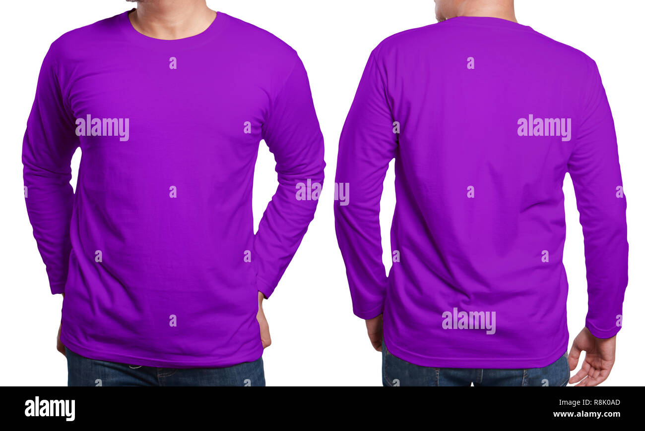 Lila Langarm T-Shirt mock up, Vorder- und Rückseite, isoliert. Männliches Modell tragen Schlichte lila Shirt mockup. Langarm Shirt design Vorlage. Stockfoto
