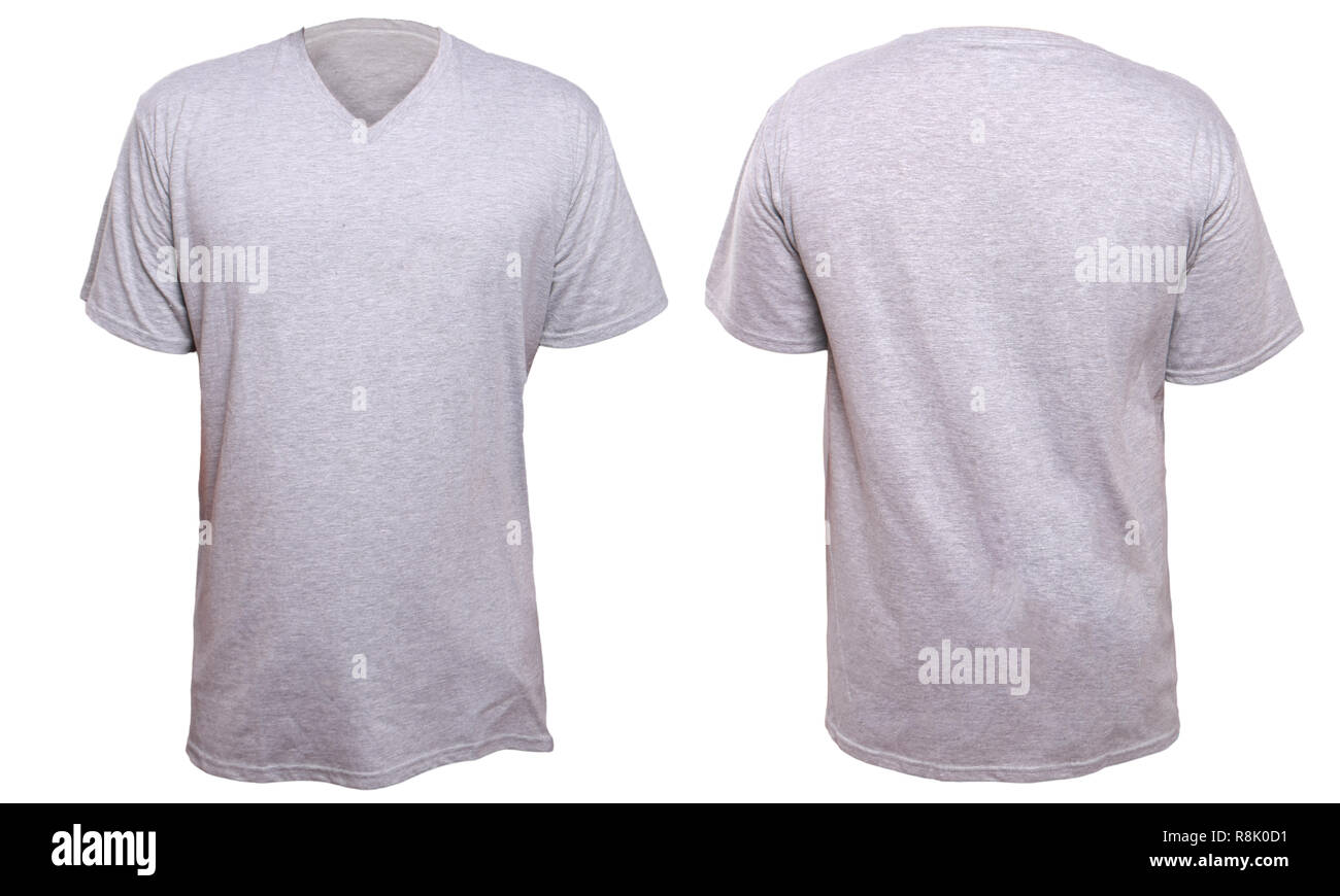 Misty Grey t-shirt Mock up, Vorder- und Rückseite, isoliert. Plain grau Shirt mockup. V-Neck Shirt design Vorlage. Leer-Stücke für Drucken Stockfoto