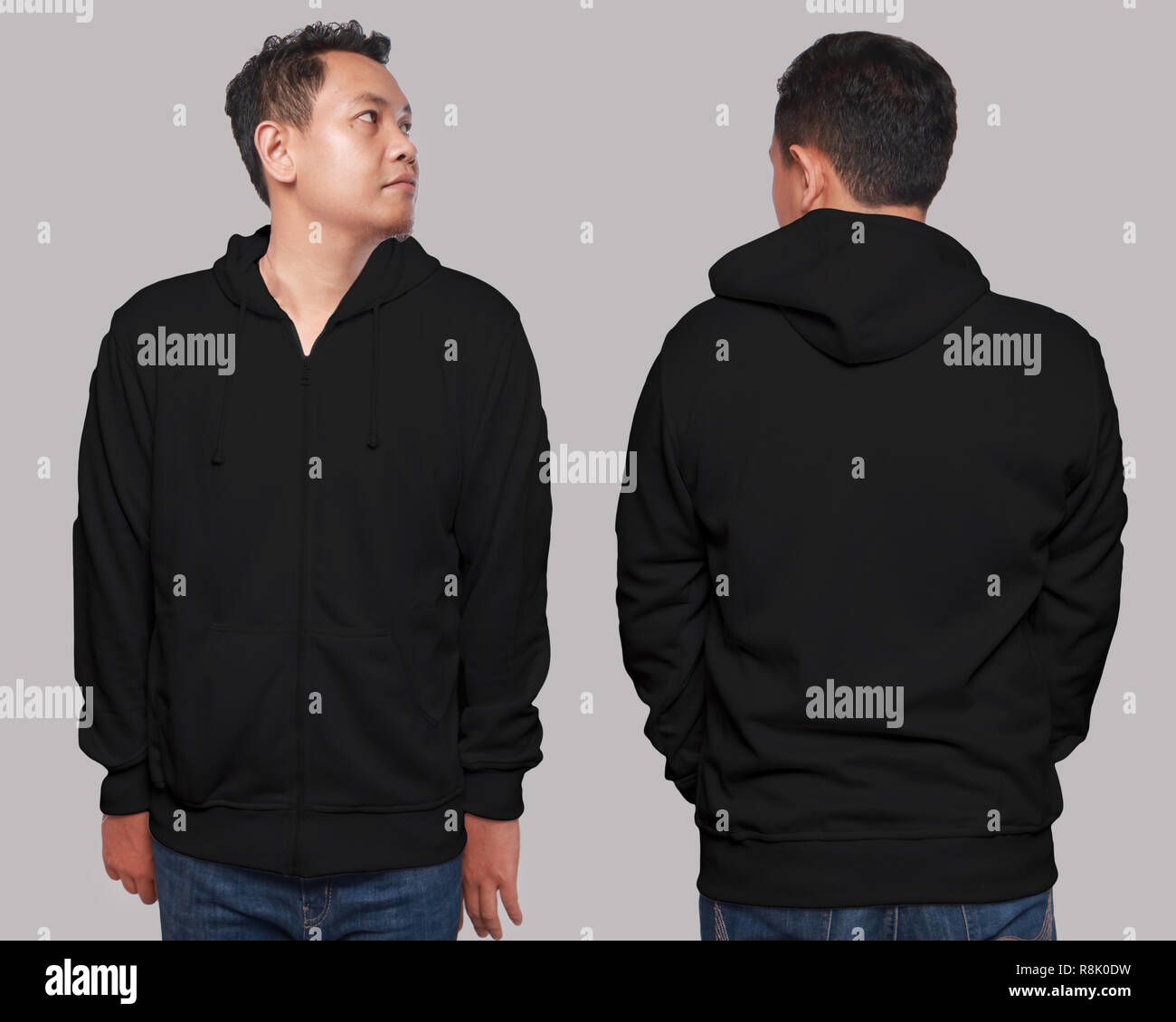 Leer sweatshirt Mock up Vorderseite und Ruckseite isoliert auf Grau. Asiatische mannliches Modell tragen schwarz Hoodie mockup. Hoody design Prasentation. Jumper f Stockfotografie Alamy