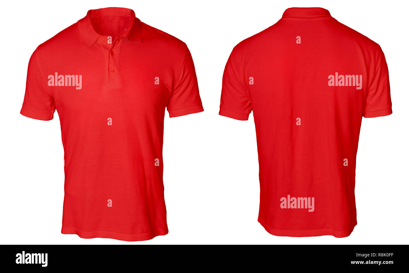 Leer Poloshirt mock up Vorlage, Vorder- und Rückseite, weiß, unbedruckt rotes T-Shirt mockup. Polo T-Stück design Präsentation für Drucken. Stockfoto