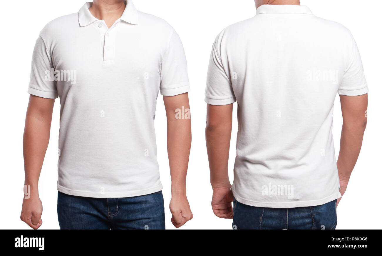 Weiß Polo t-shirt Mock up, Vorder- und Rückseite, isoliert. Männliches Modell tragen weisses Shirt mockup. Polo shirt design Vorlage. Leer-Stücke für Drucken Stockfoto