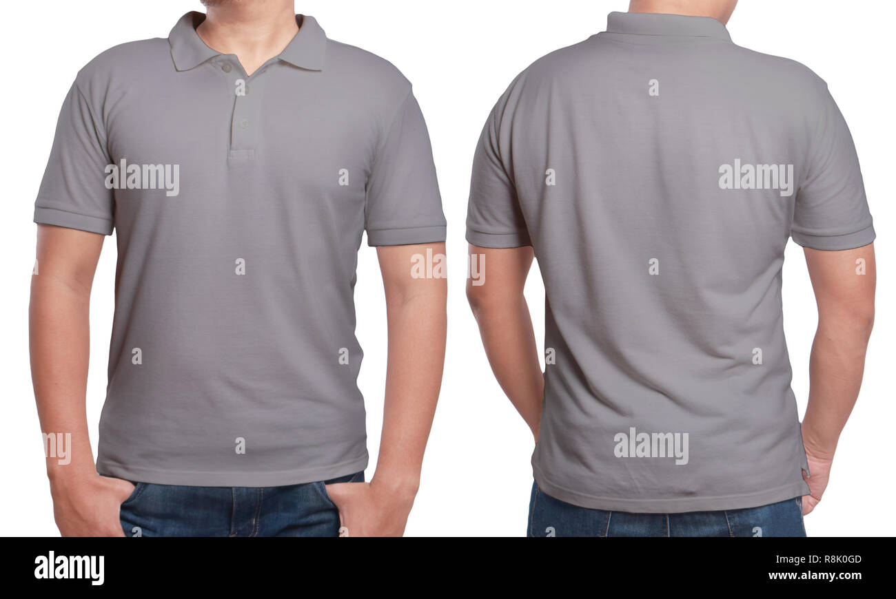 Grau Polo t-shirt Mock up, Vorder- und Rückseite, isoliert. Männliches Modell tragen einfach grau Shirt mockup. Polo shirt design Vorlage. Leer-Stücke für Drucken Stockfoto