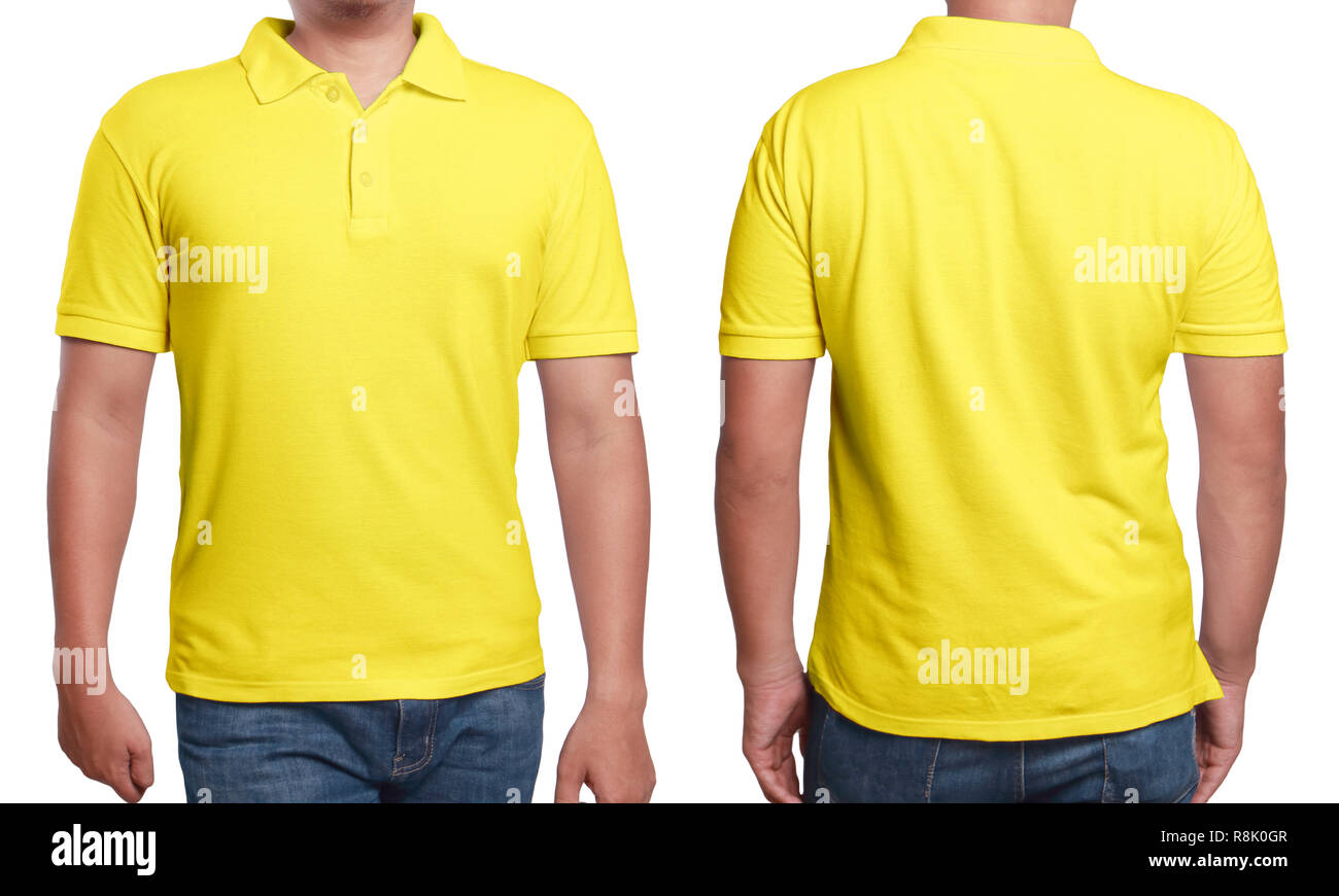 Gelbe Polo t-shirt Mock up, Vorder- und Rückseite, isoliert. Männliches Modell tragen Plain gelb Shirt mockup. Polo shirt design Vorlage. Leer T-Stücke Stockfoto