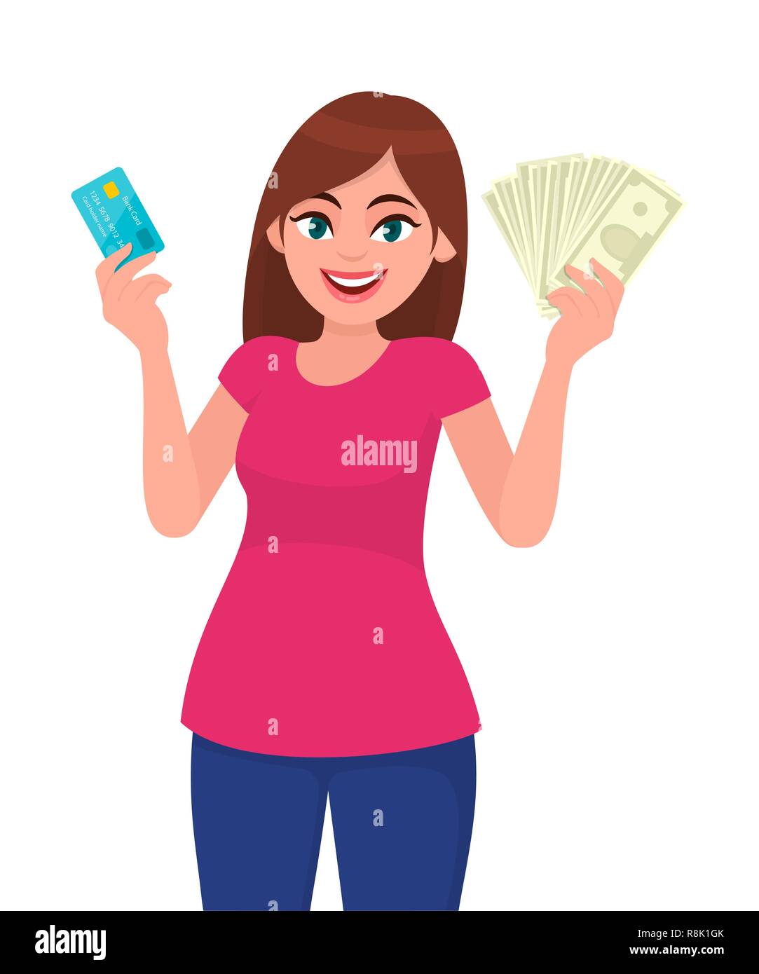 Attraktive junge Frau mit oder mit einem Kredit-/EC-Karte und Bargeld/Geld/Währung fest in der Hand. Wireless moderne Bank Zahlung. Business, Zahlung a Stock Vektor