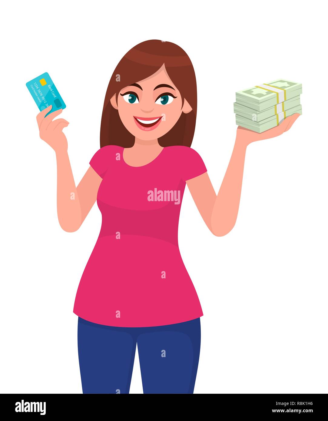 Attraktive, glückliche junge Frau, die eine Kredit-/Debitkarte hält oder zeigt, ein Bündel von Bargeld-/Geld-/Währungsscheinen in der Hand. Drahtlose, moderne Bankzahlung. Stock Vektor
