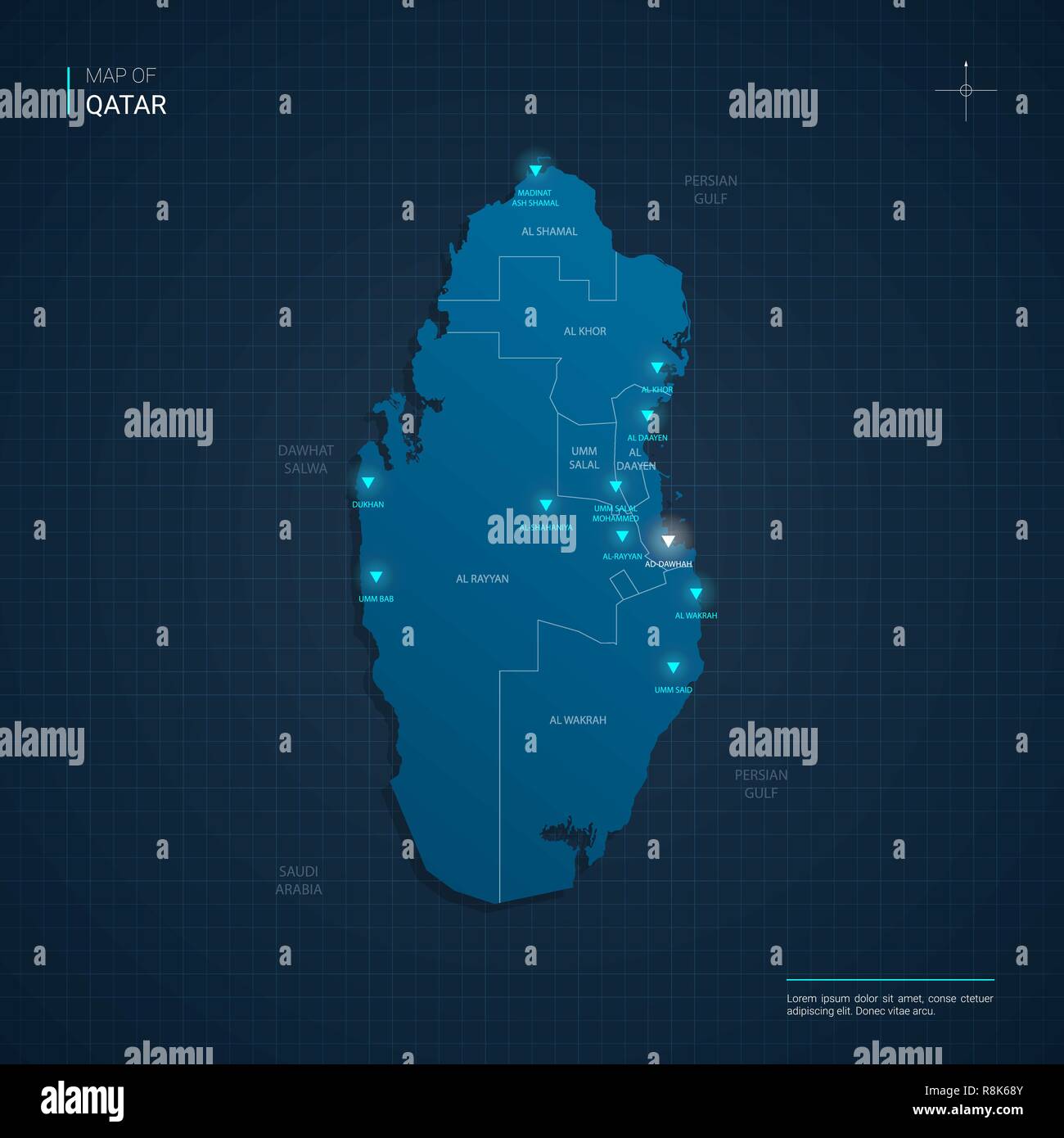 Vektor Katar Karte Abbildung mit blauen Neon lightpoints-Dreieck auf dunkelblauem Hintergrund Farbverlauf. Administrative Divisions Stock Vektor