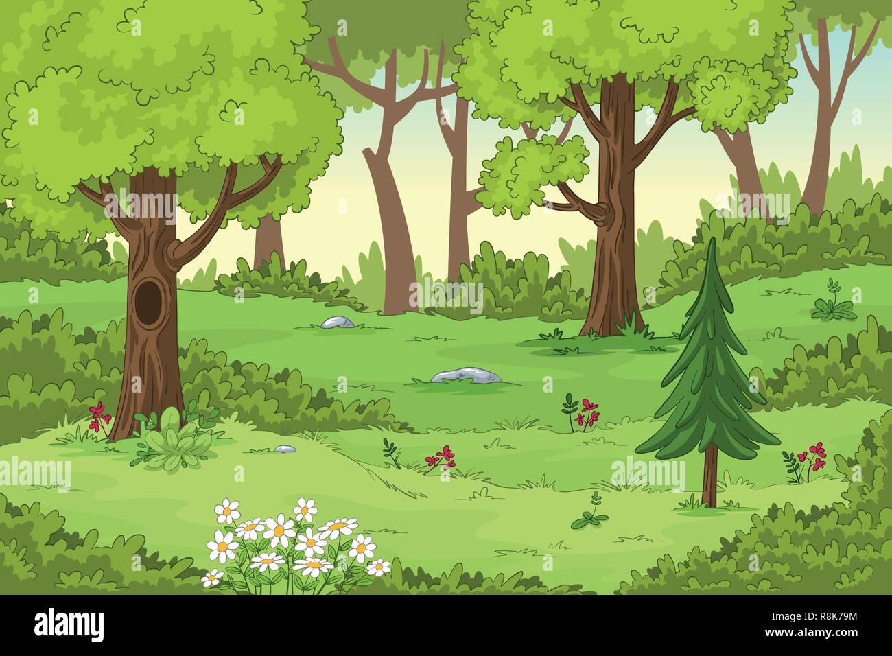 Cartoon Sommer Landschaft Mit Baumen Und Blumen Hand Zeichnen Abbildung Stock Vektorgrafik Alamy