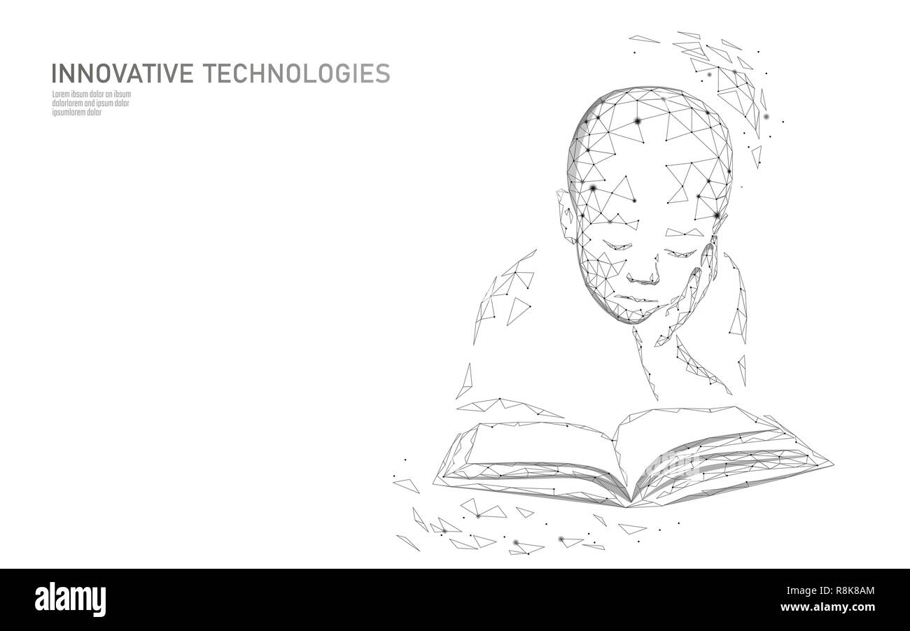 Maschinelles Lernen 3D-Low Poly Technology Business Konzept. Neuronale Netze künstliche Intelligenz cyborg Kind Junge Form. Polygonale training Data Mining Systems analytics Vector Illustration Stock Vektor