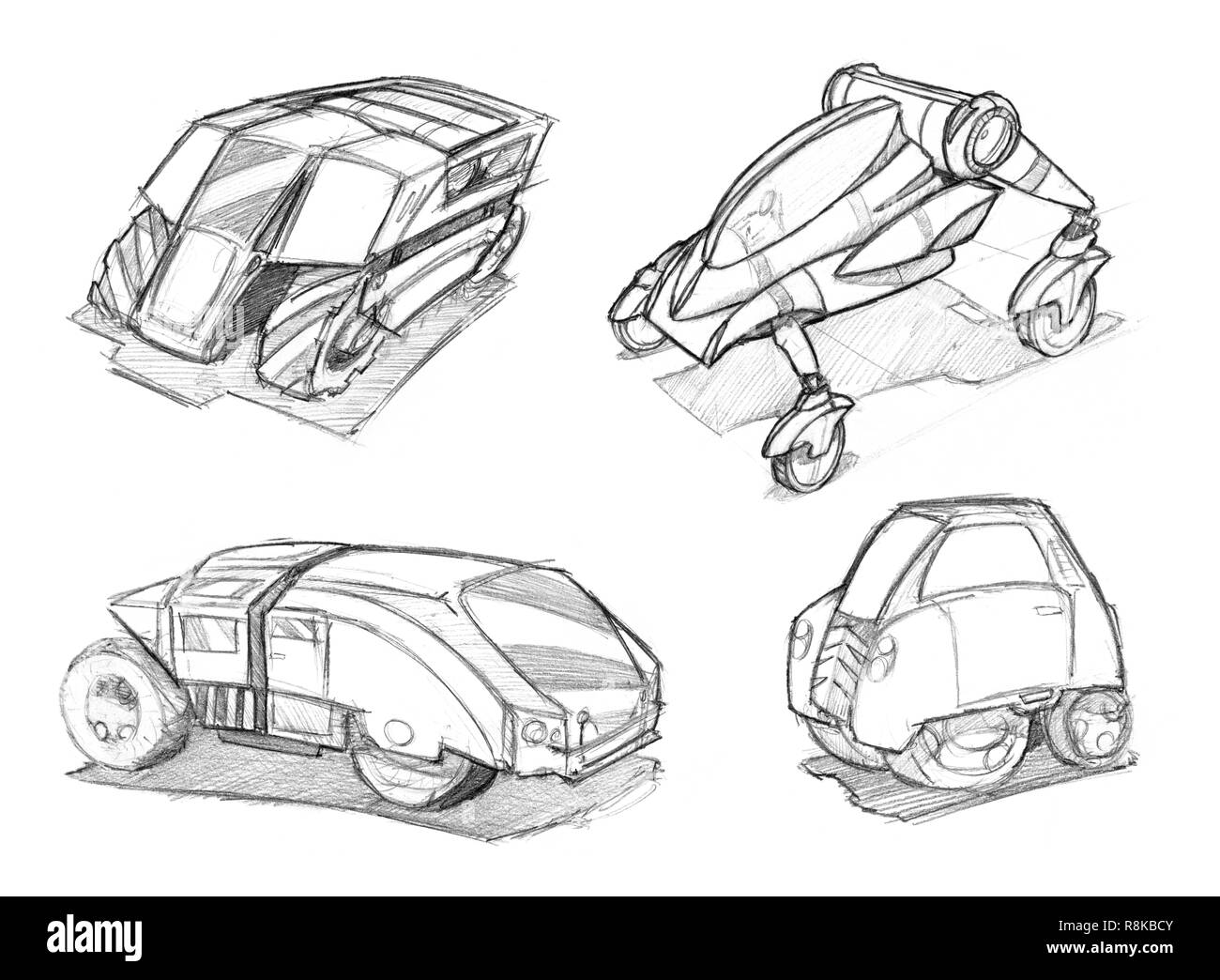 Bleistift Konzept Kunst Zeichnung der Satz von futuristischen Sci-Fi-Automotive Car Designs Stockfoto